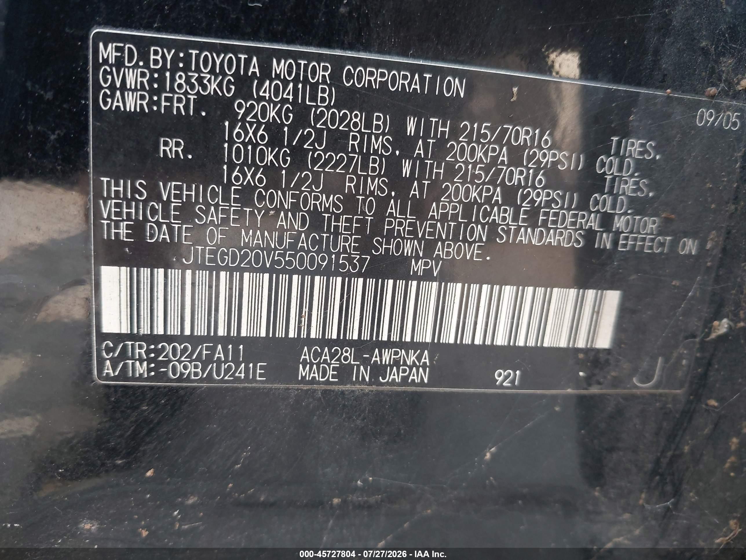 2005 Toyota Rav4   Black vin: JTEGD20V550091537