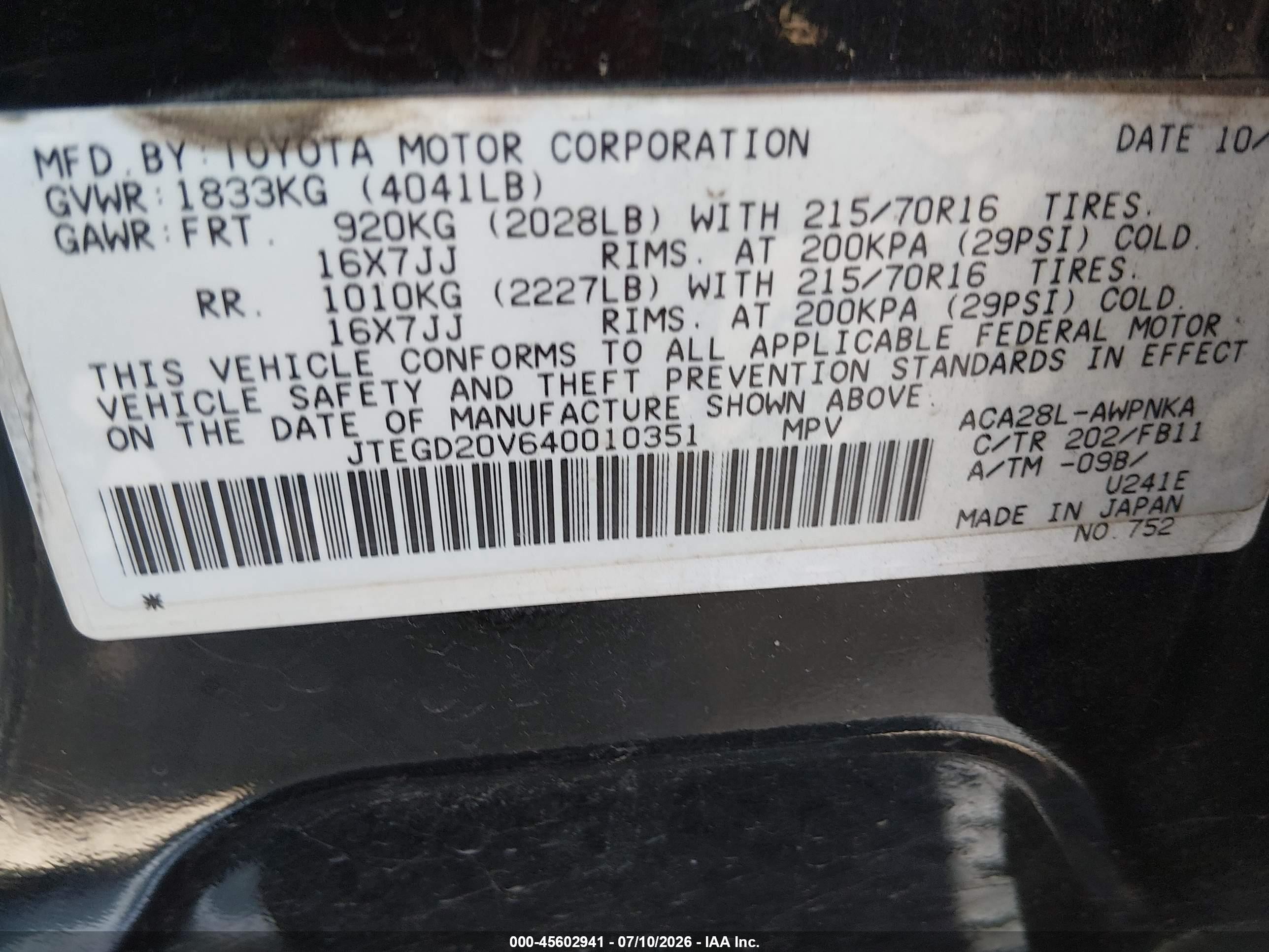2004 Toyota Rav4   Black vin: JTEGD20V640010351