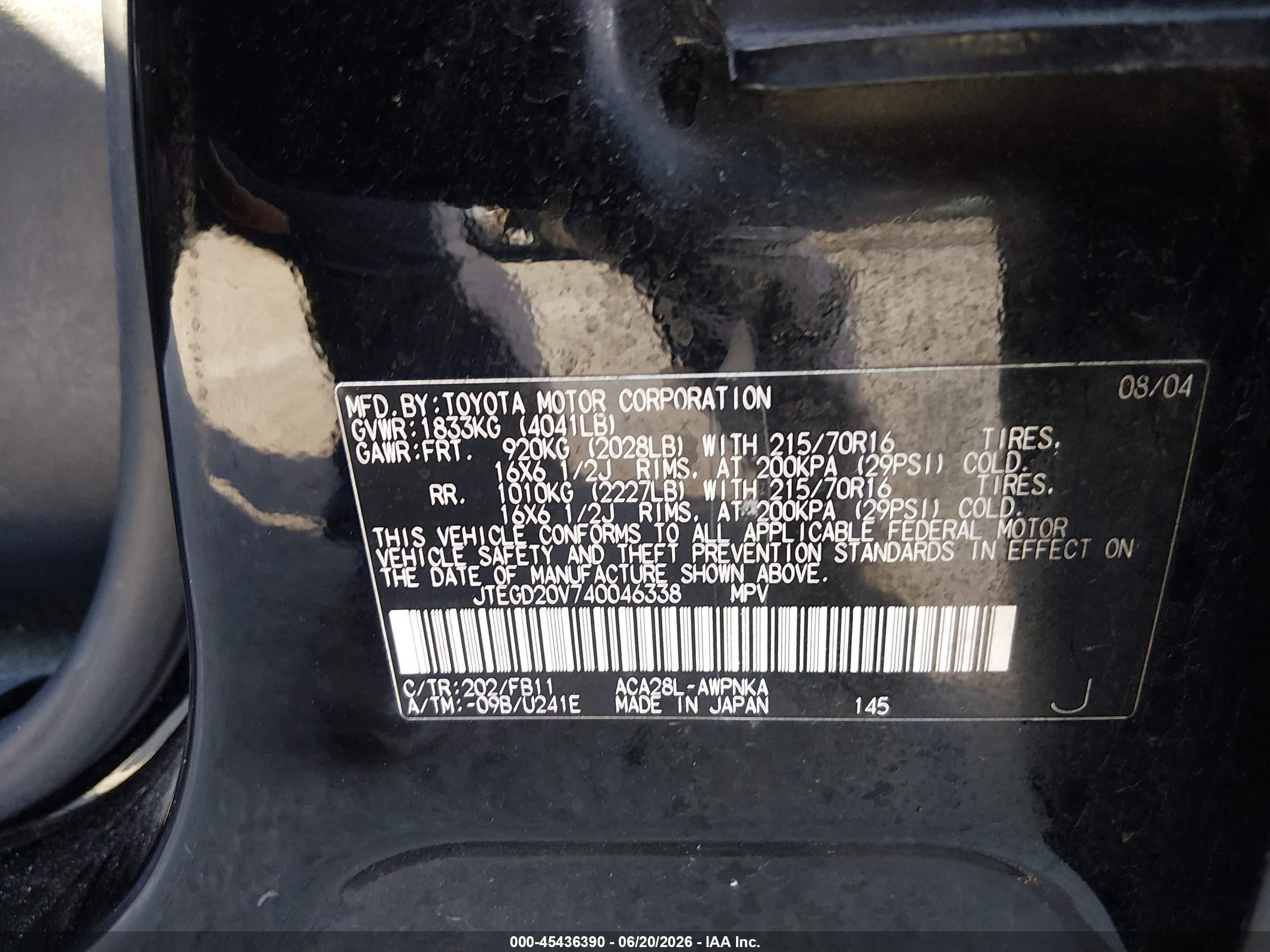 2004 Toyota Rav4   Black vin: JTEGD20V740046338