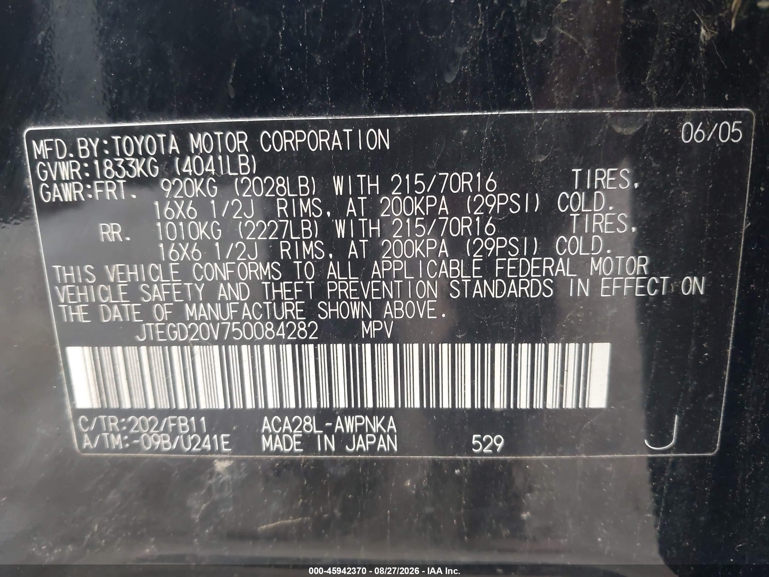 2005 Toyota Rav4   Black vin: JTEGD20V750084282