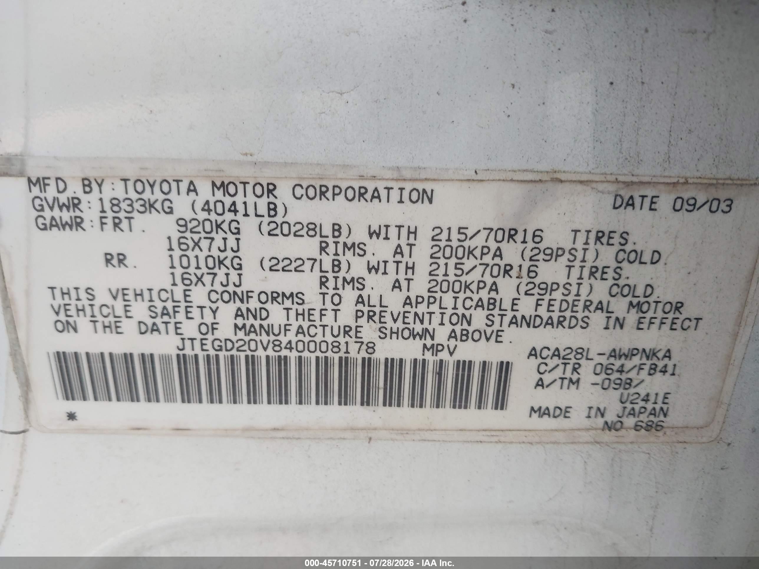 2004 Toyota Rav4   White vin: JTEGD20V840008178