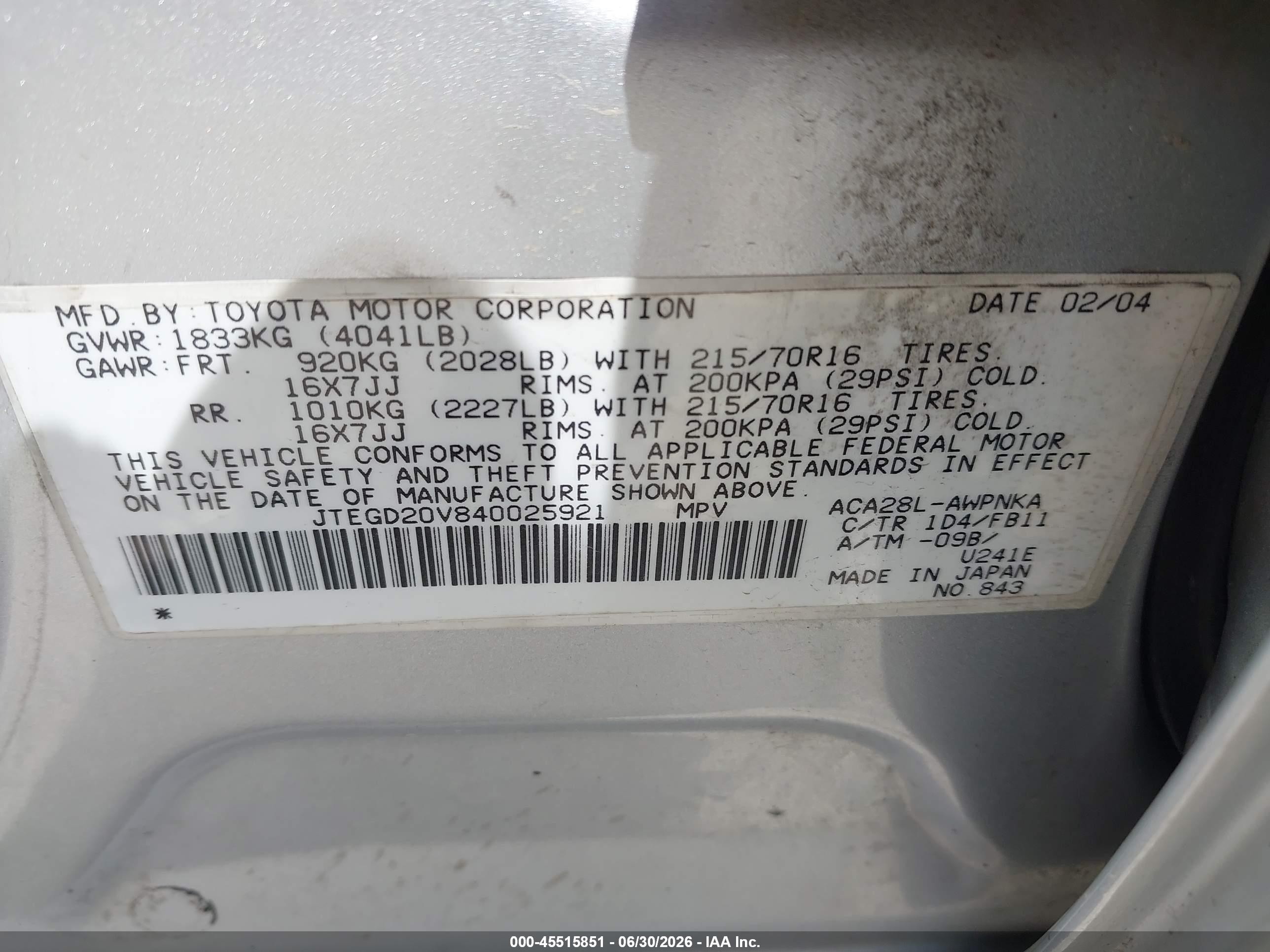 2004 Toyota Rav4   Silver vin: JTEGD20V840025921