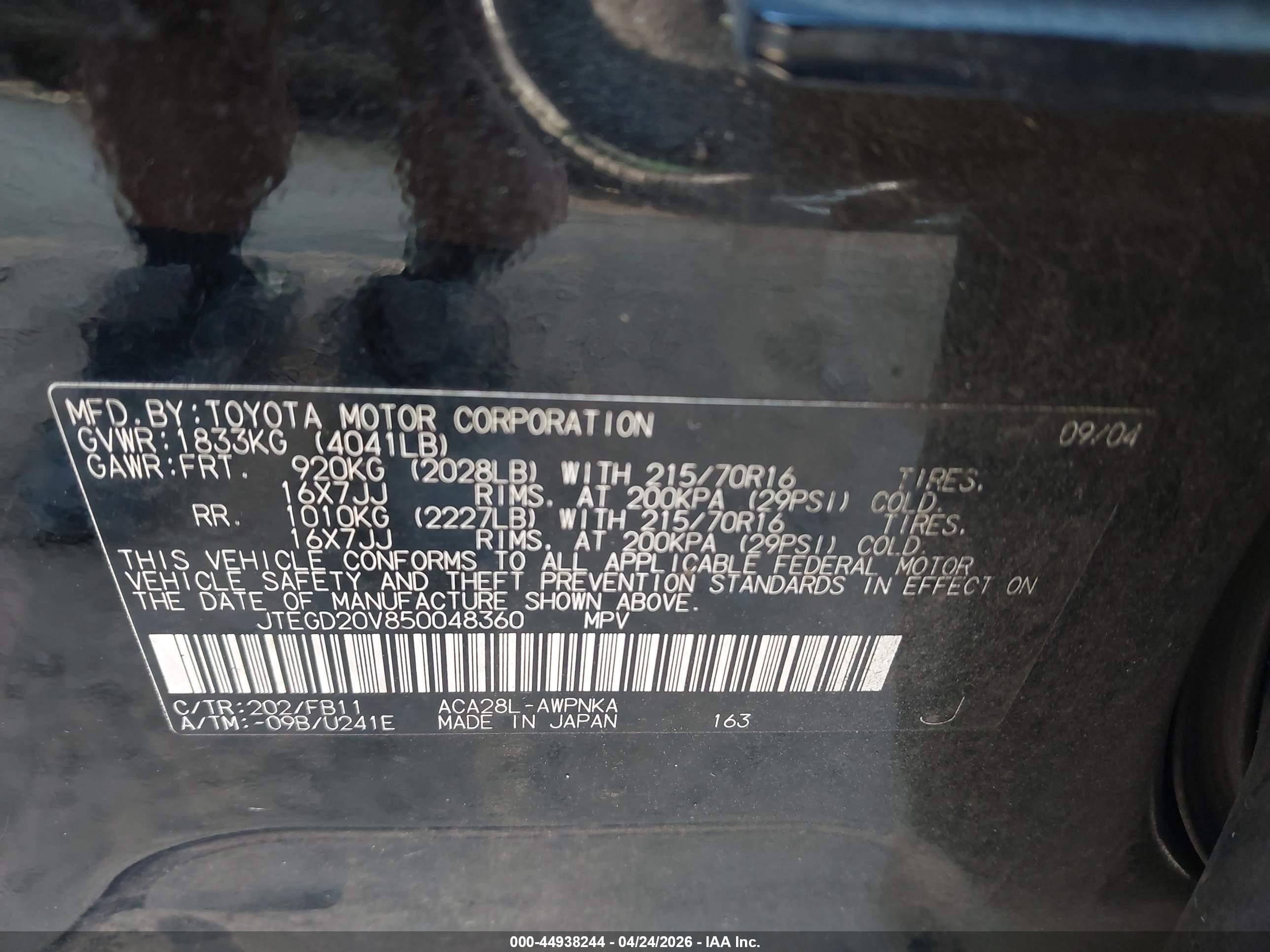 2005 Toyota Rav4   Black vin: JTEGD20V850048360