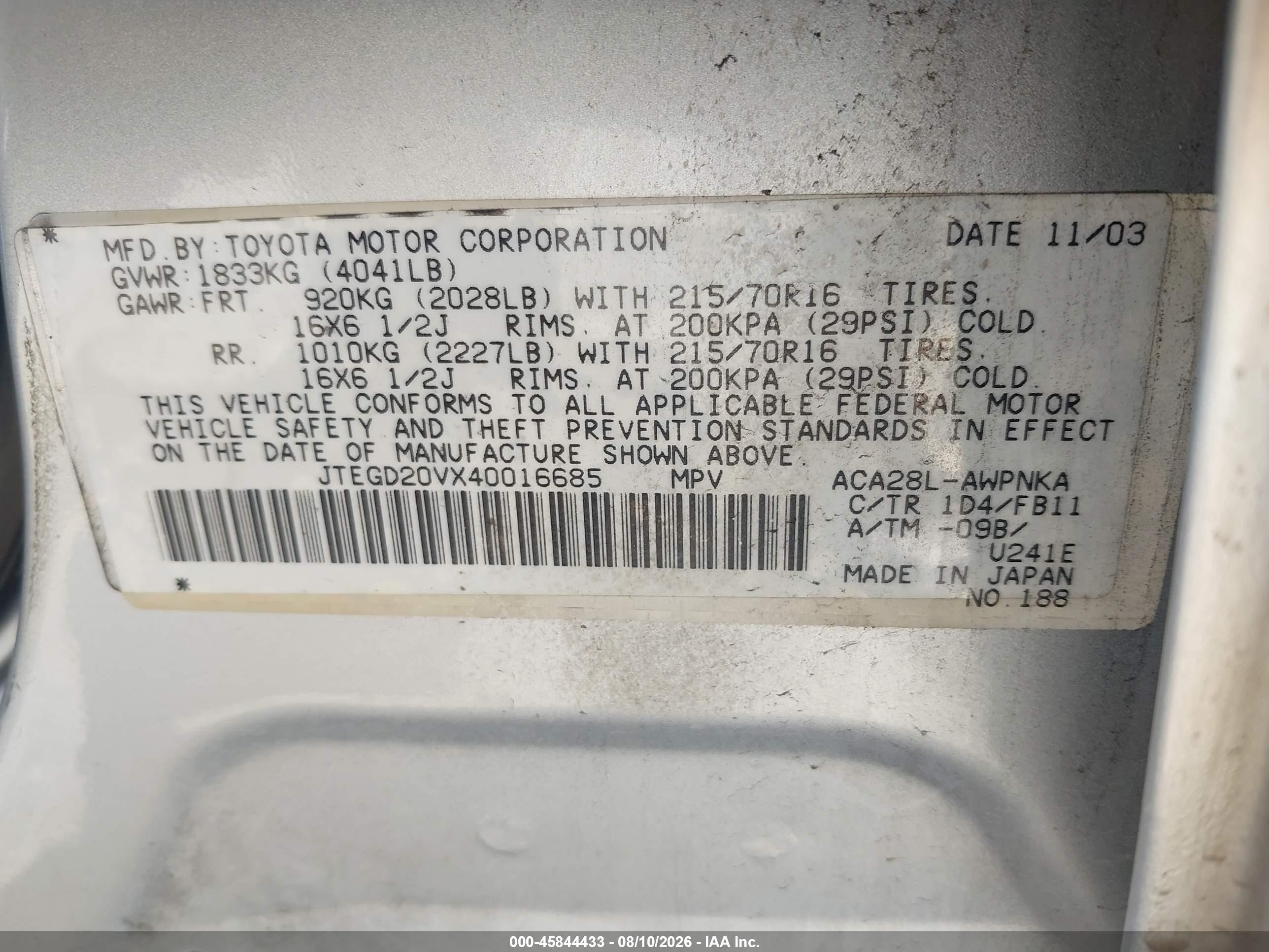 2004 Toyota Rav4   Silver vin: JTEGD20VX40016685