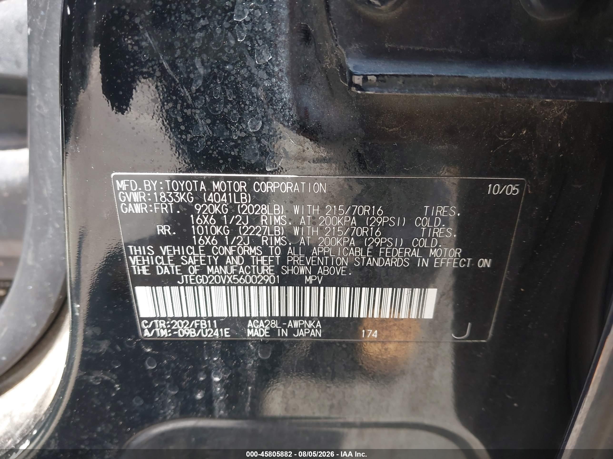 2005 Toyota Rav4   Black vin: JTEGD20VX56002901
