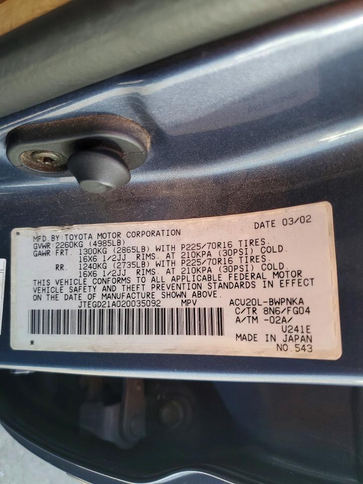 2002 Toyota Highlander Base Gray vin: JTEGD21A020035092