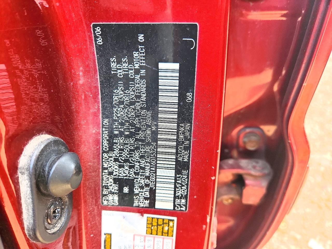 2006 Toyota Highlander Base Red vin: JTEGD21A160153254