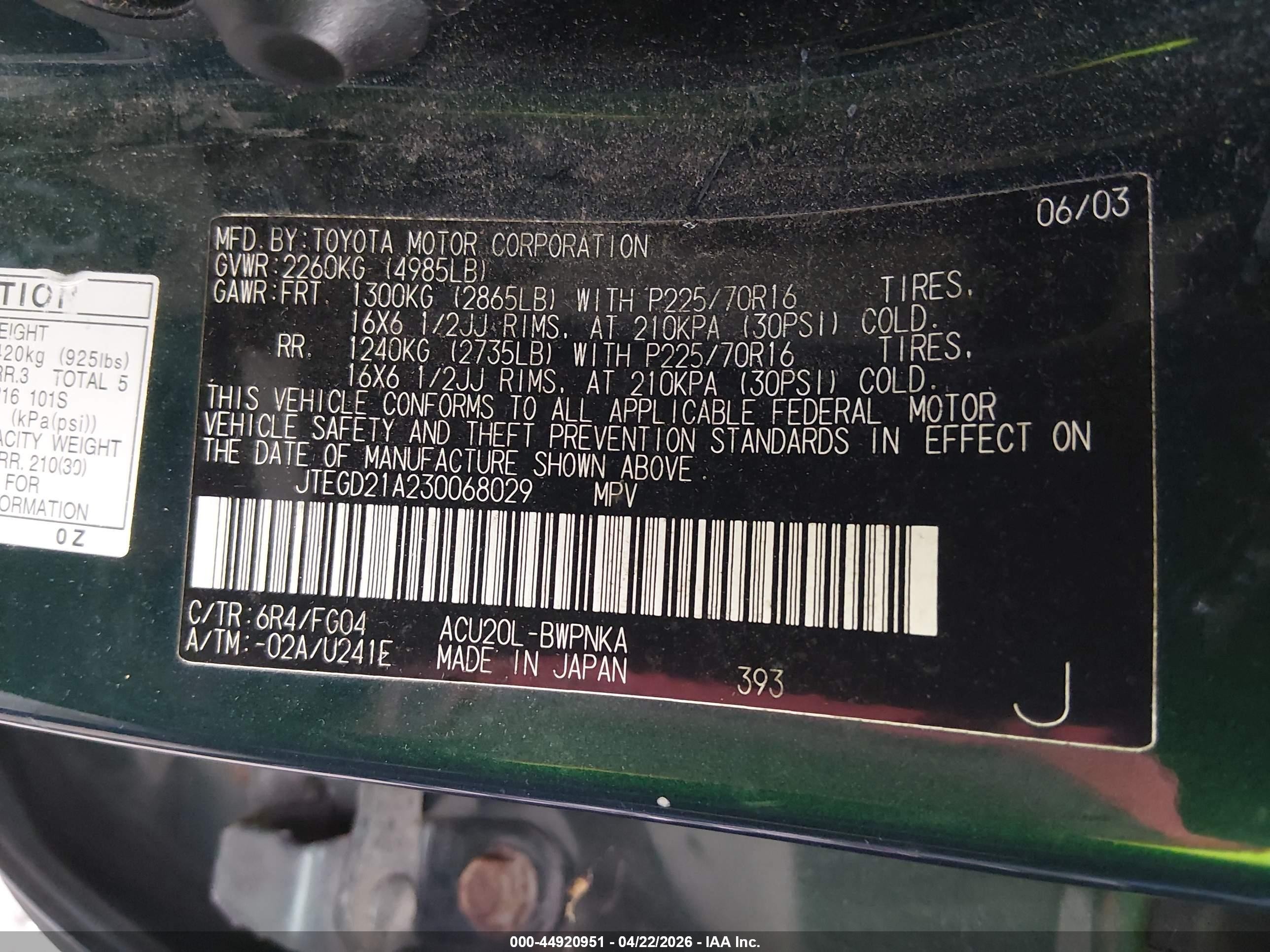 2003 Toyota Highlander   Green vin: JTEGD21A230068029