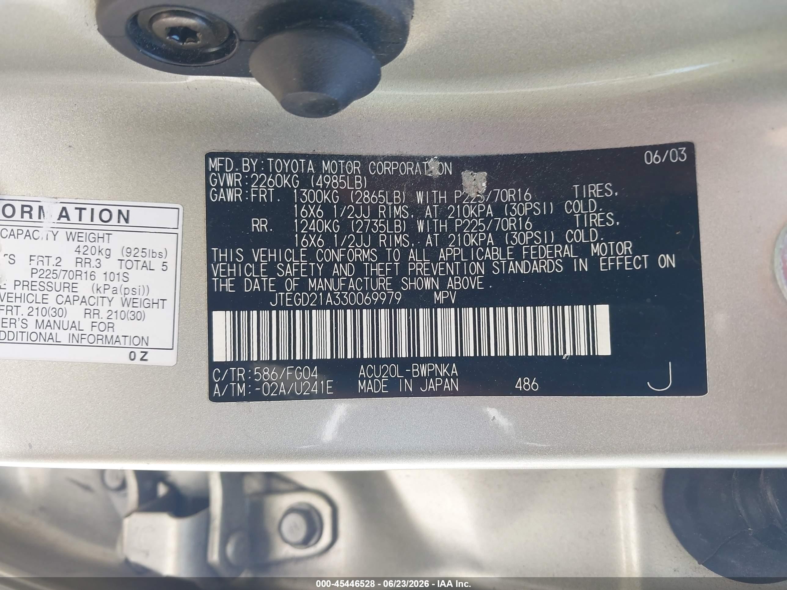 2003 Toyota Highlander   Gold vin: JTEGD21A330069979