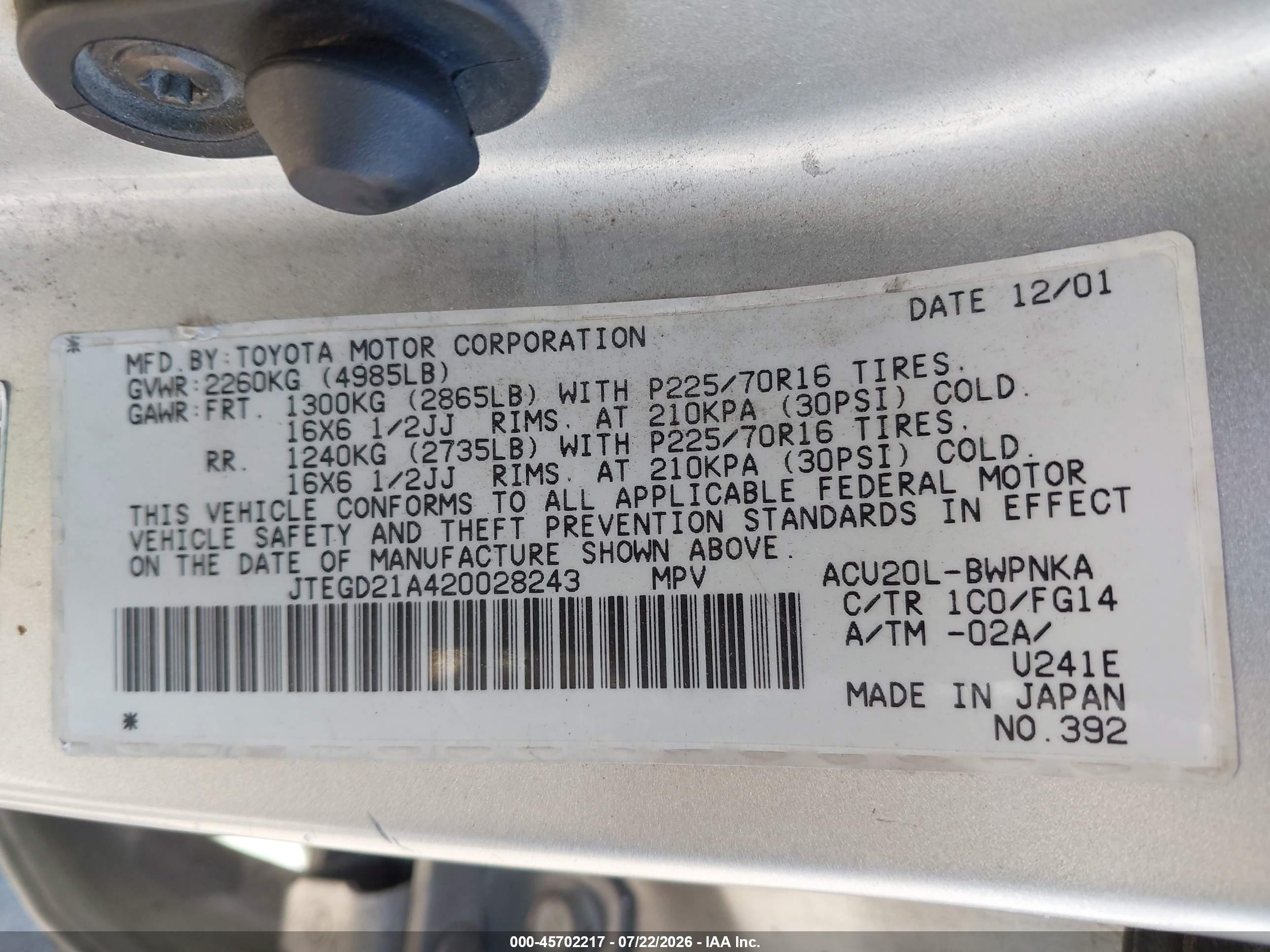 2002 Toyota Highlander   Silver vin: JTEGD21A420028243