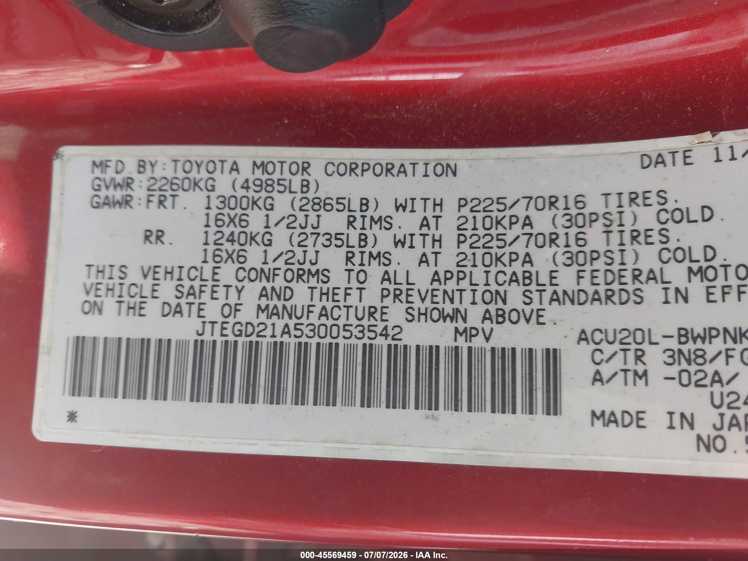 2003 Toyota Highlander   Red vin: JTEGD21A530053542