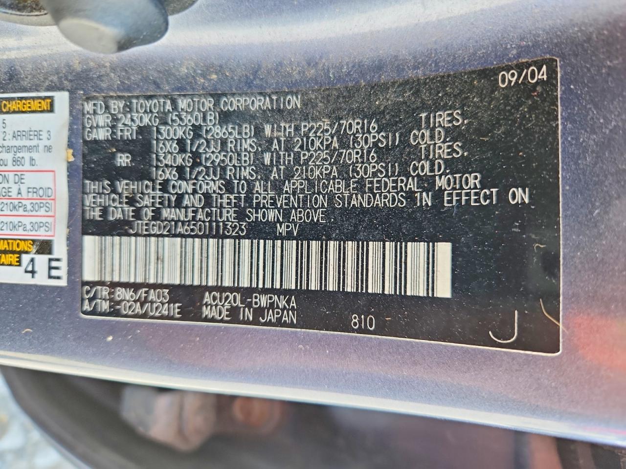 2005 Toyota Highlander Base Blue vin: JTEGD21A650111323
