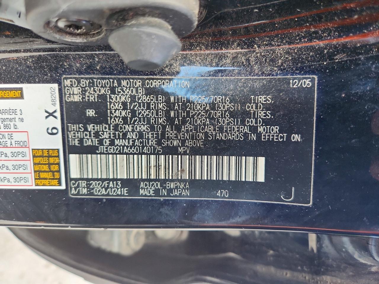 2006 Toyota Highlander Base Черный vin: JTEGD21A660140175