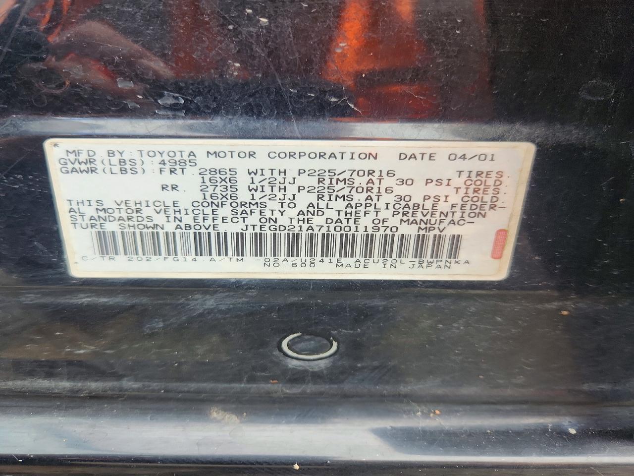 2001 Toyota Highlander Base Black vin: JTEGD21A710011970