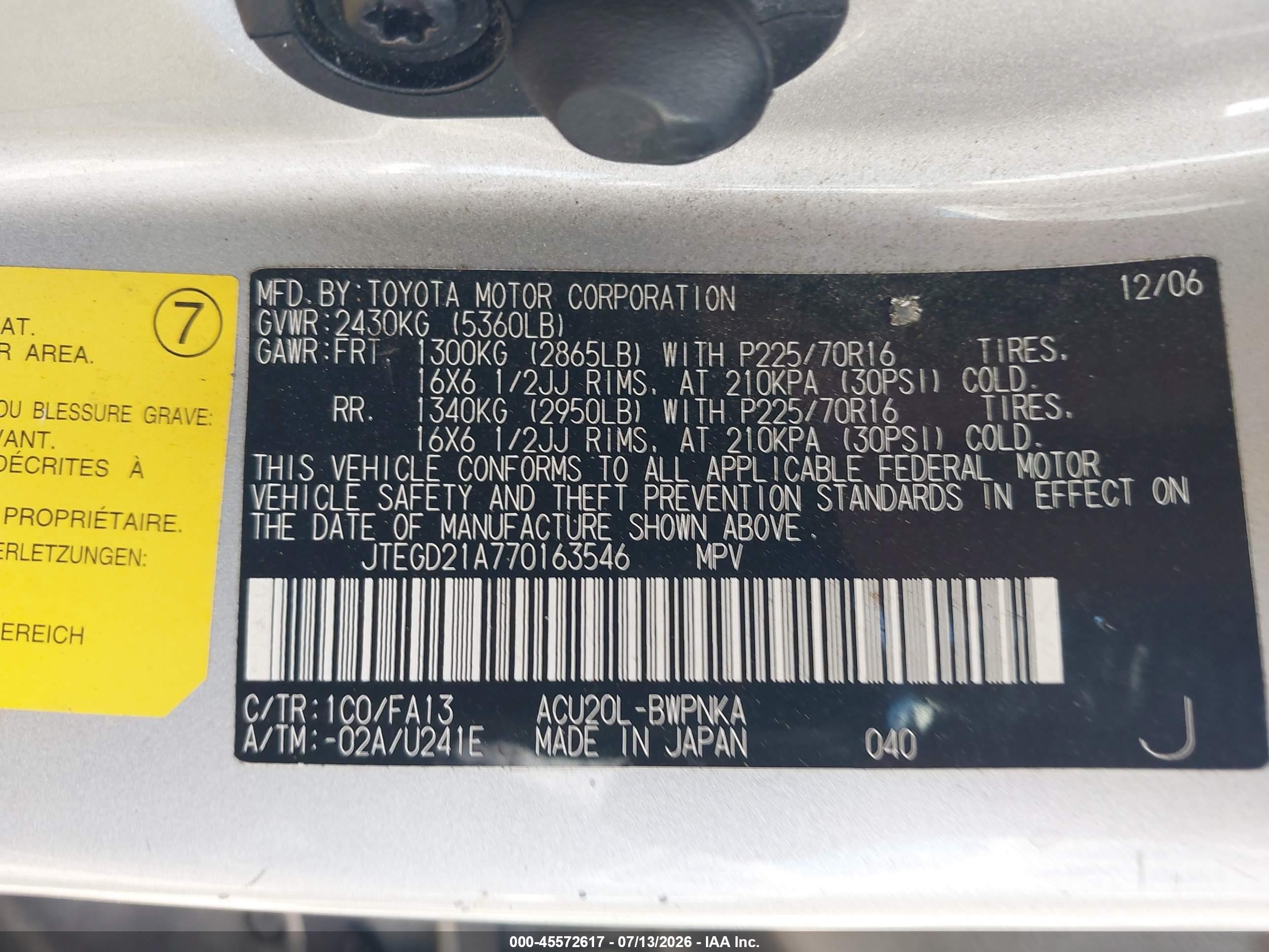 2007 Toyota Highlander   Silver vin: JTEGD21A770163546