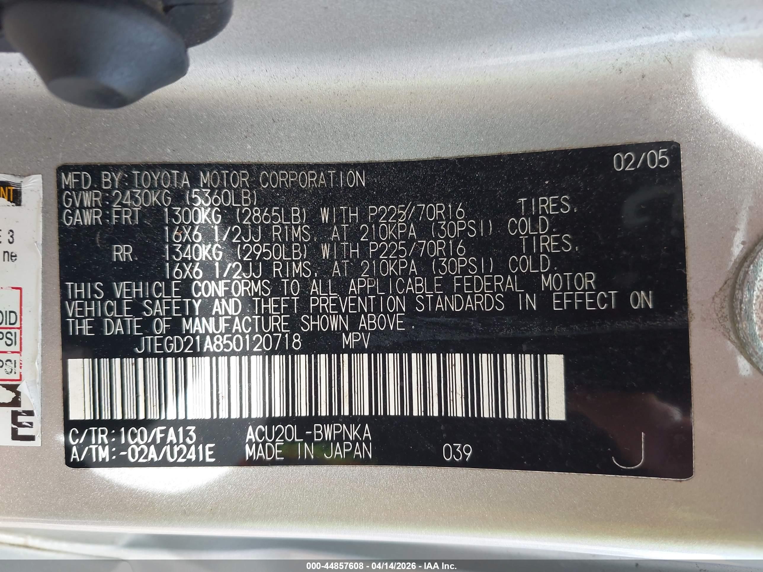 2005 Toyota Highlander Silver vin: JTEGD21A850120718