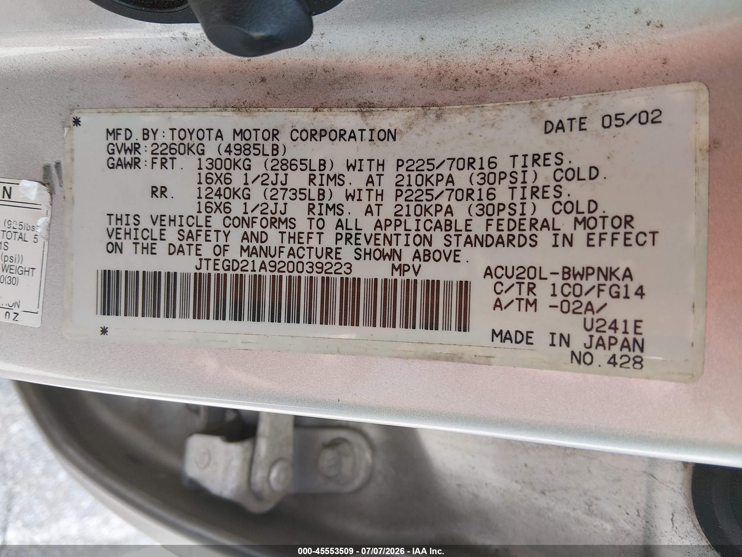 2002 Toyota Highlander   Silver vin: JTEGD21A920039223