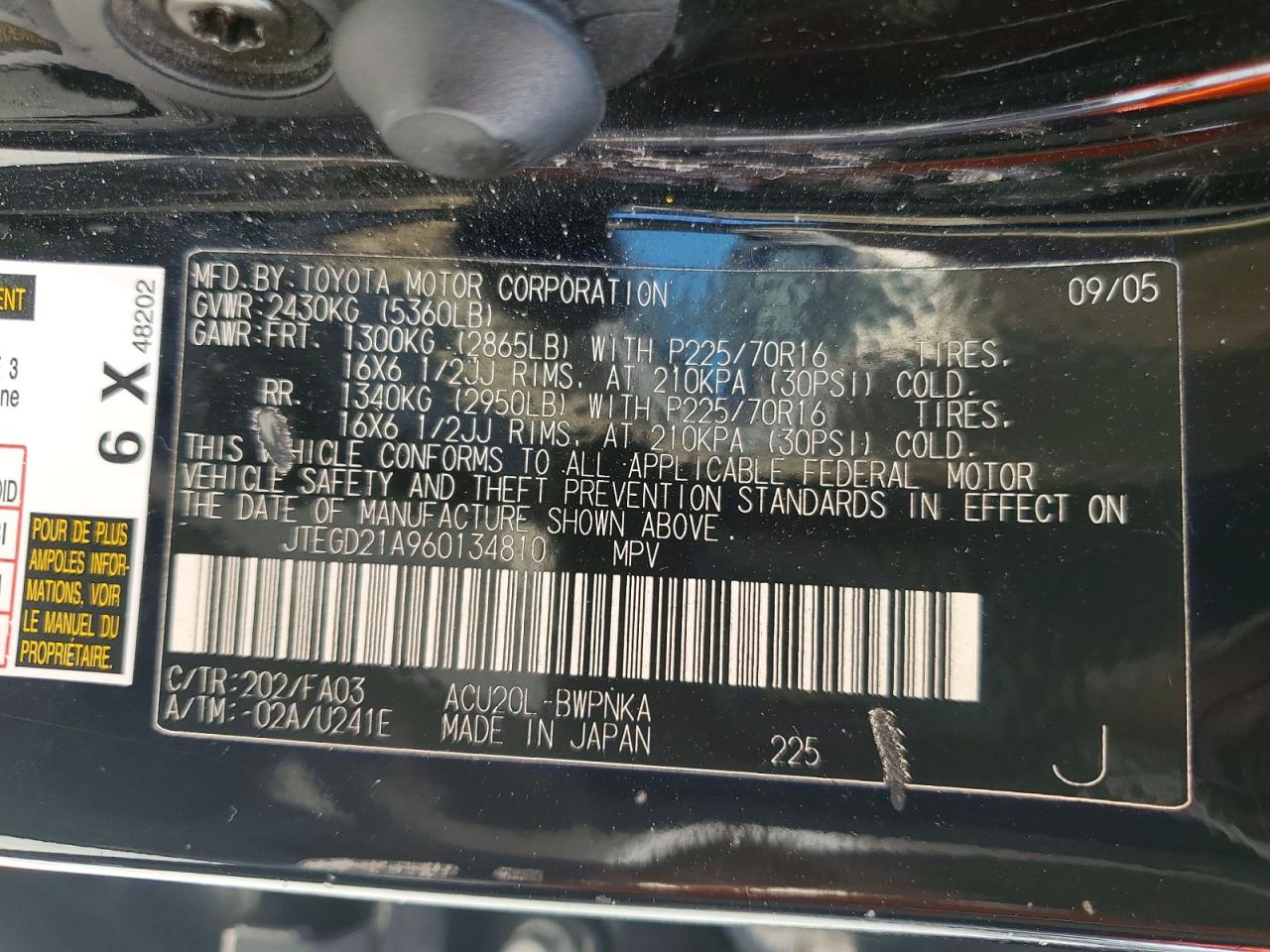 2006 Toyota Highlander Base Black vin: JTEGD21A960134810
