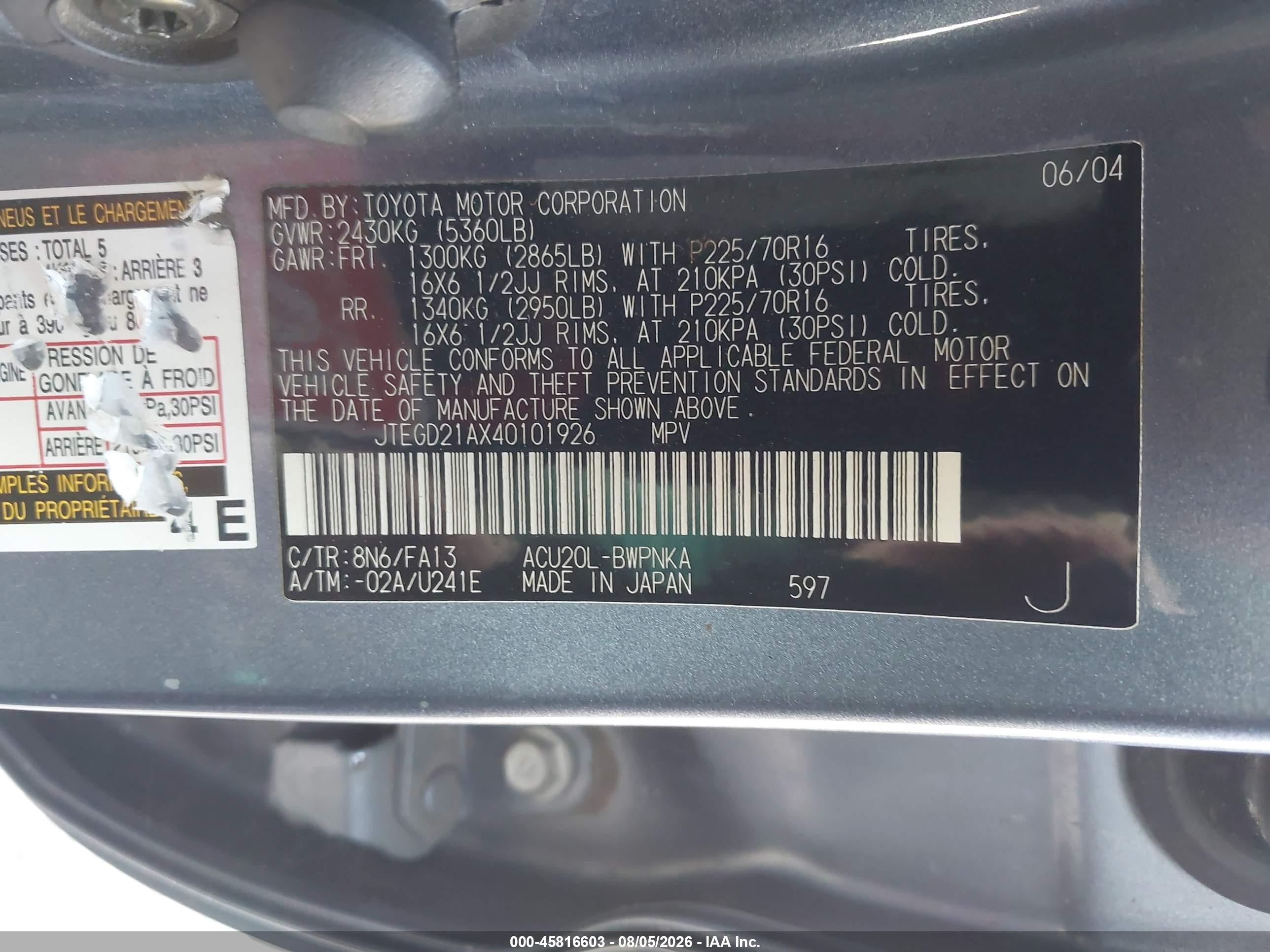 2004 Toyota Highlander   Light Blue vin: JTEGD21AX40101926