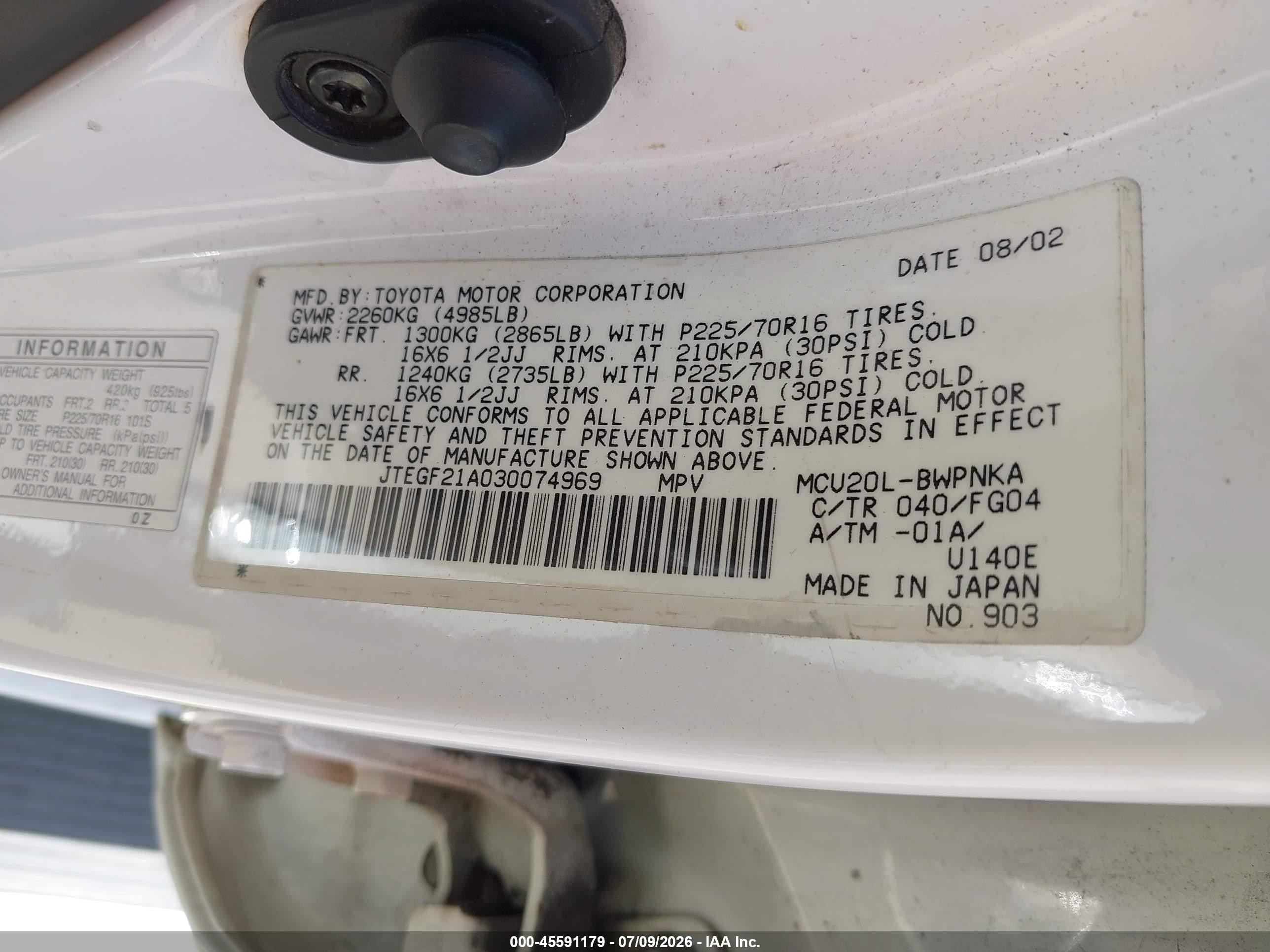 2003 Toyota Highlander V6 White vin: JTEGF21A030074969