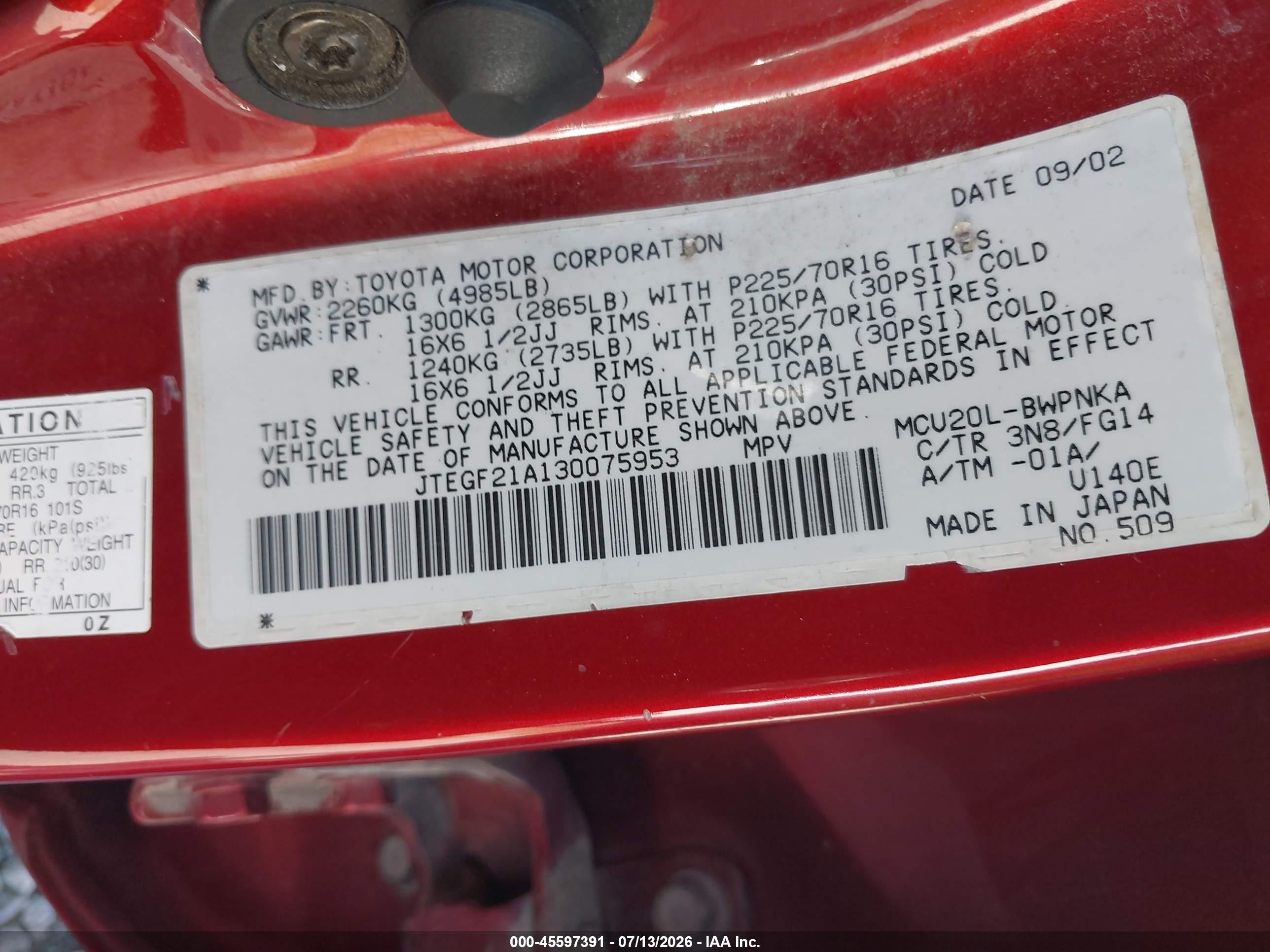 2003 Toyota Highlander V6 Red vin: JTEGF21A130075953