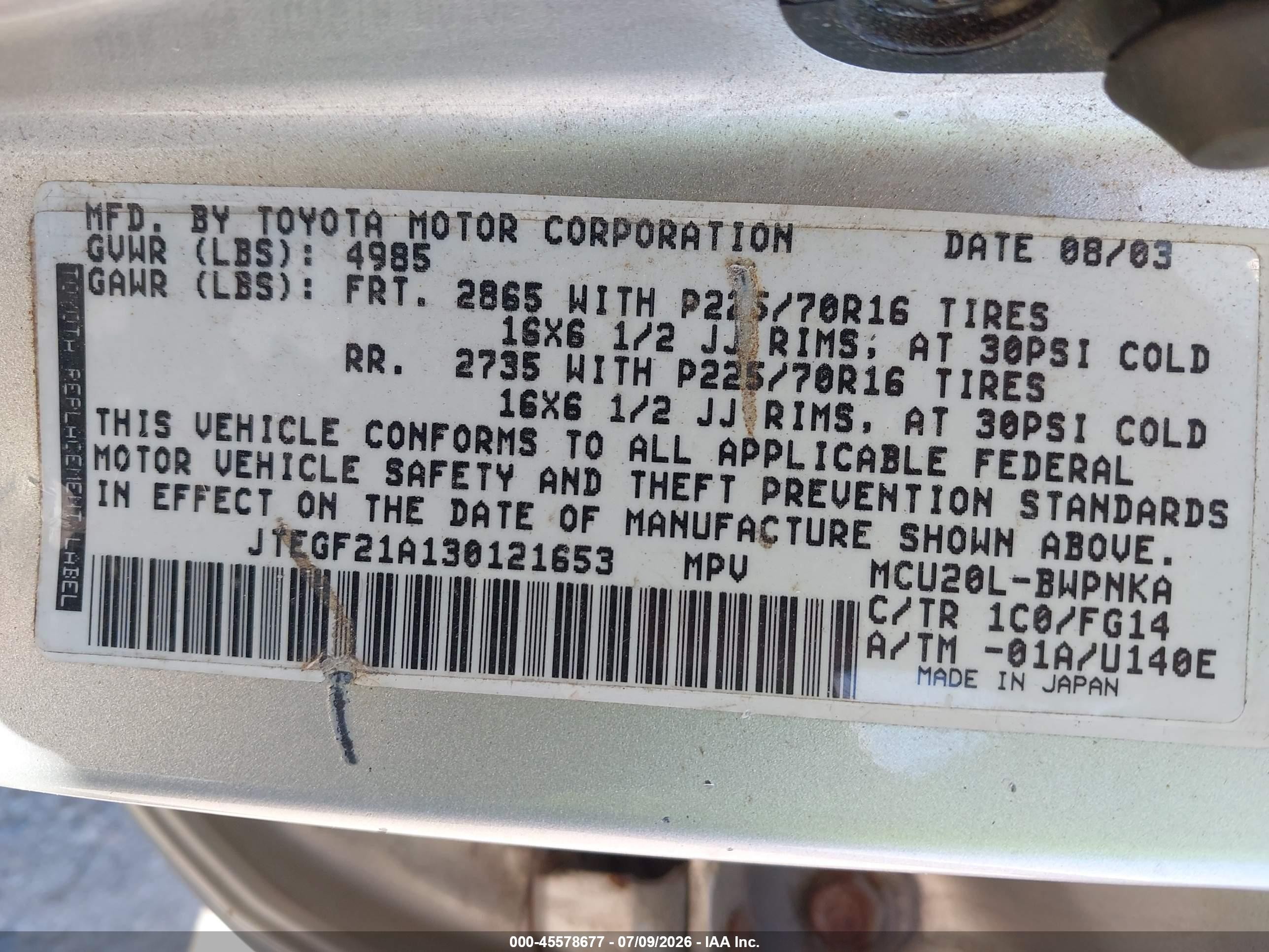 2003 Toyota Highlander V6 Silver vin: JTEGF21A130121653