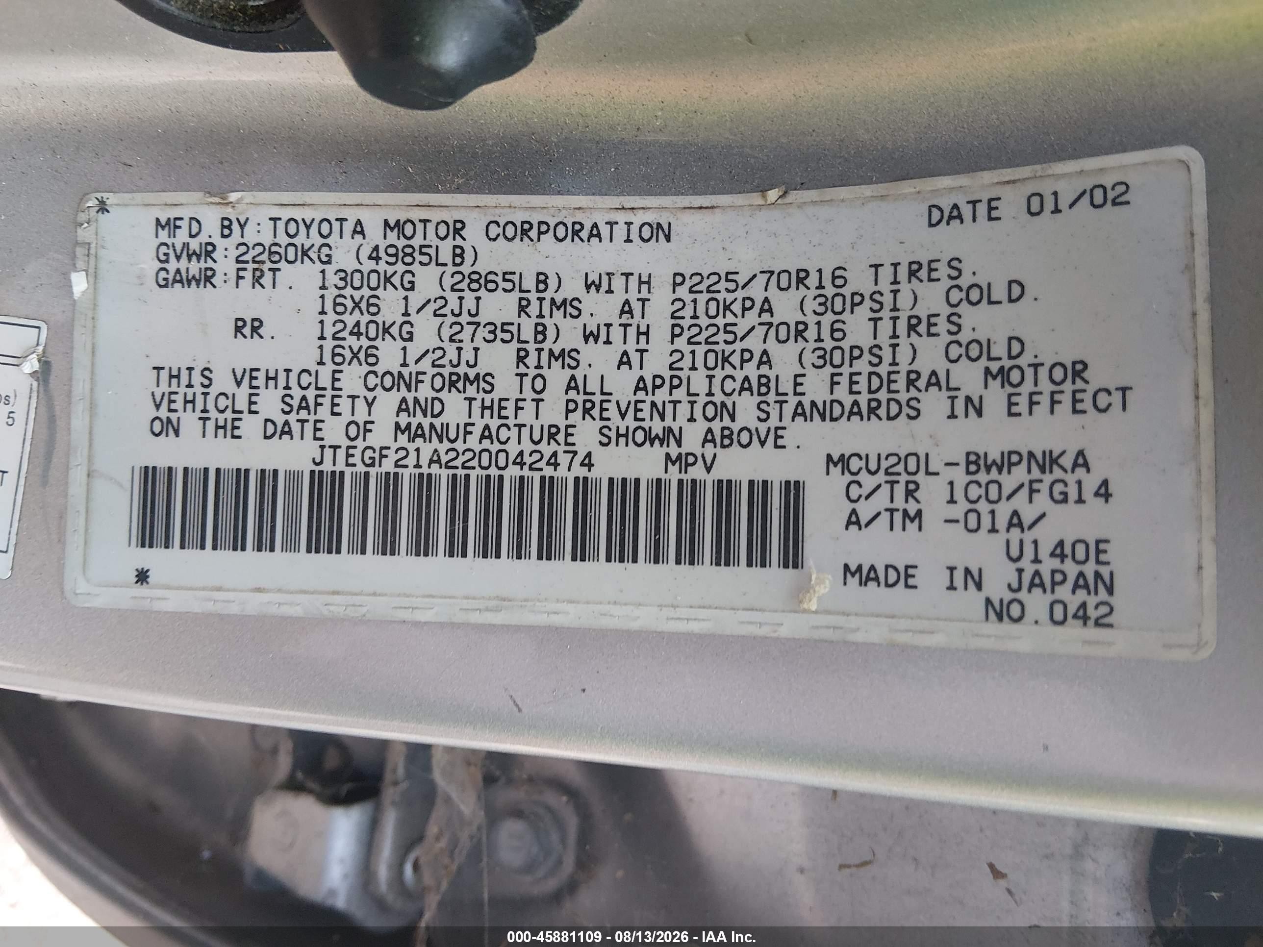 2002 Toyota Highlander V6 Silver vin: JTEGF21A220042474