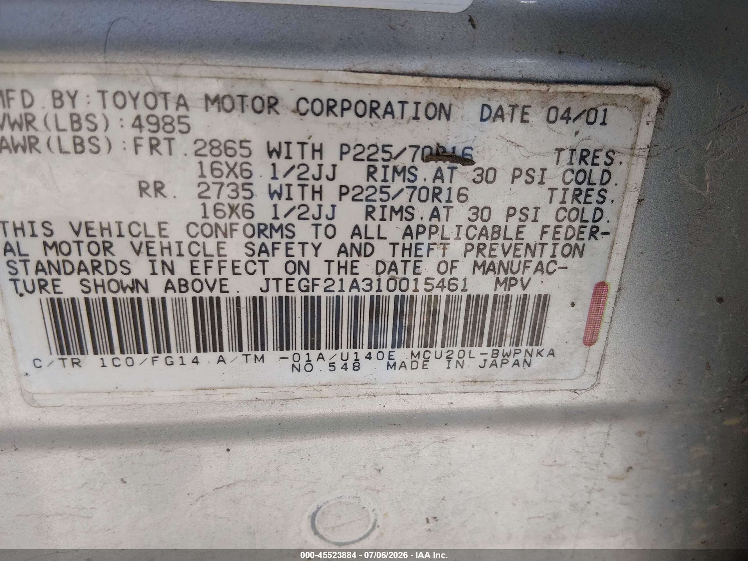 2001 Toyota Highlander V6 Silver vin: JTEGF21A310015461