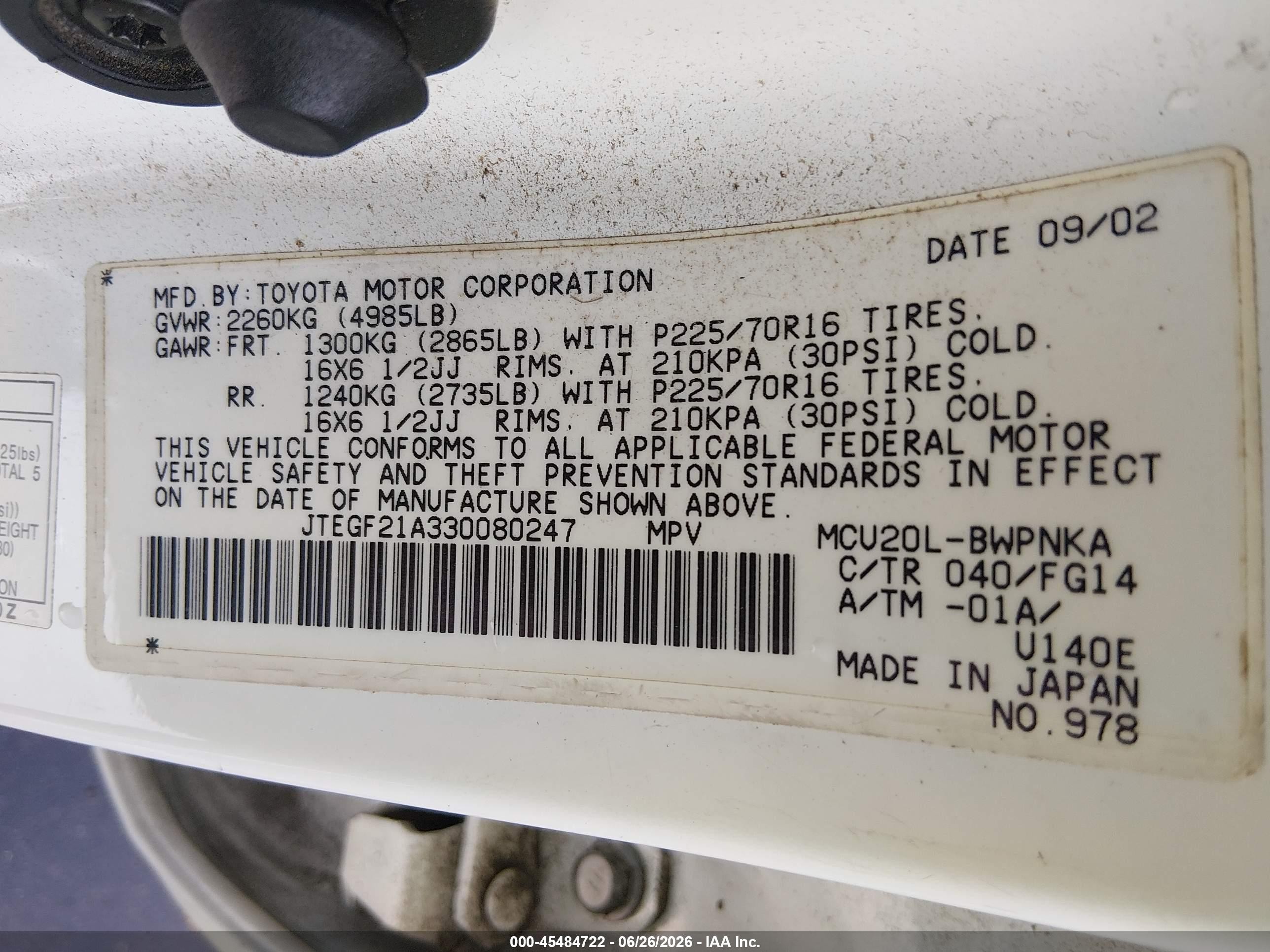 2003 Toyota Highlander V6 White vin: JTEGF21A330080247