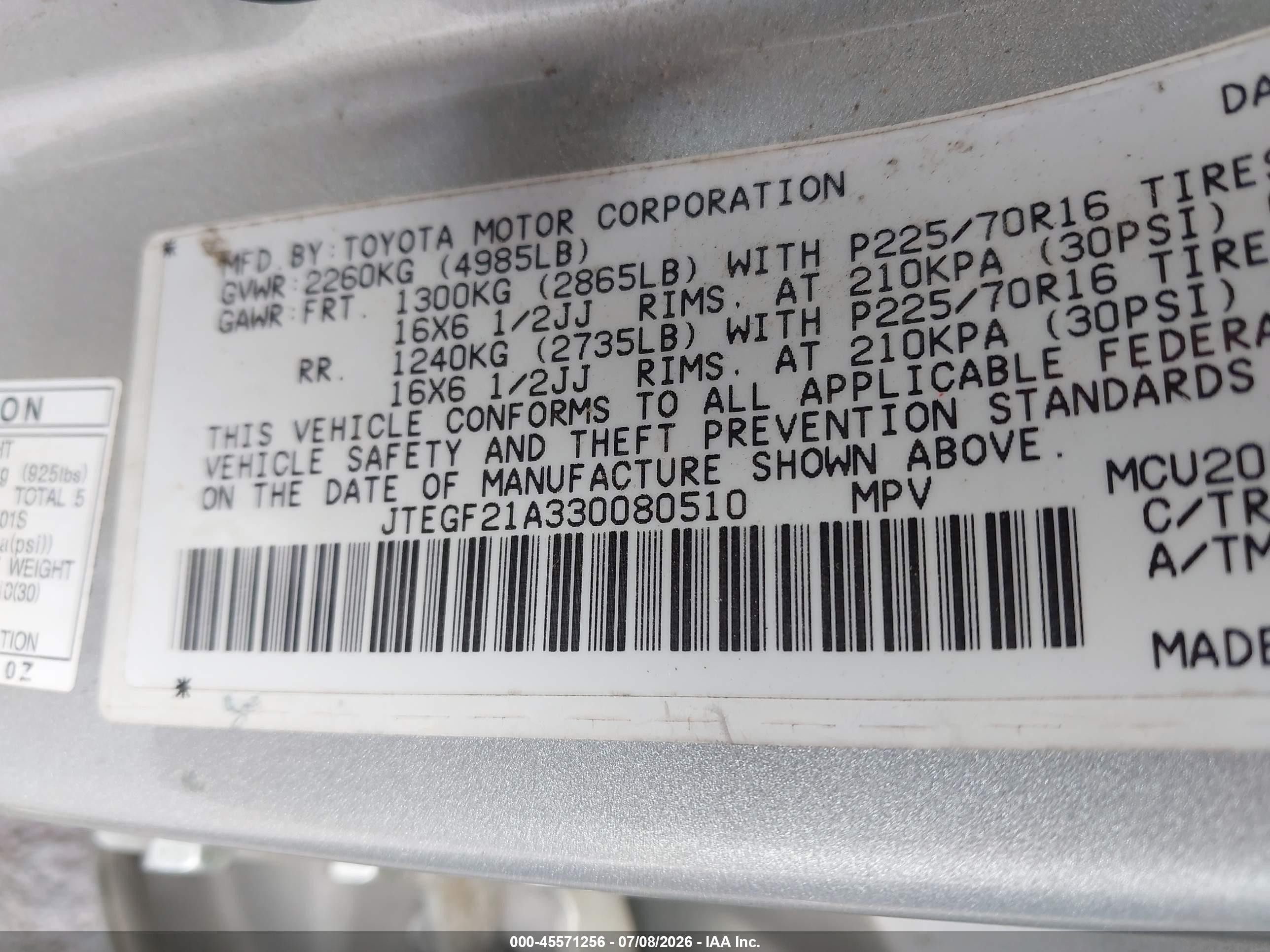 2003 Toyota Highlander V6 Silver vin: JTEGF21A330080510