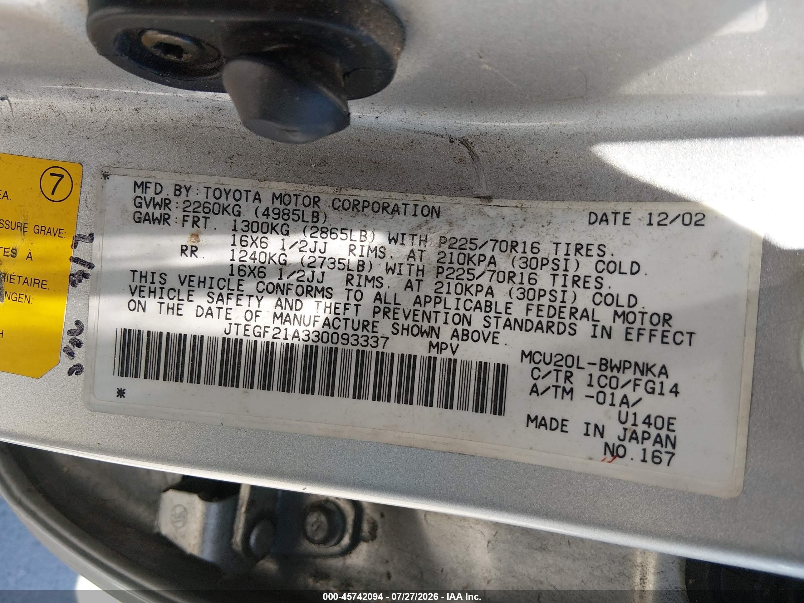 2003 Toyota Highlander V6 Silver vin: JTEGF21A330093337