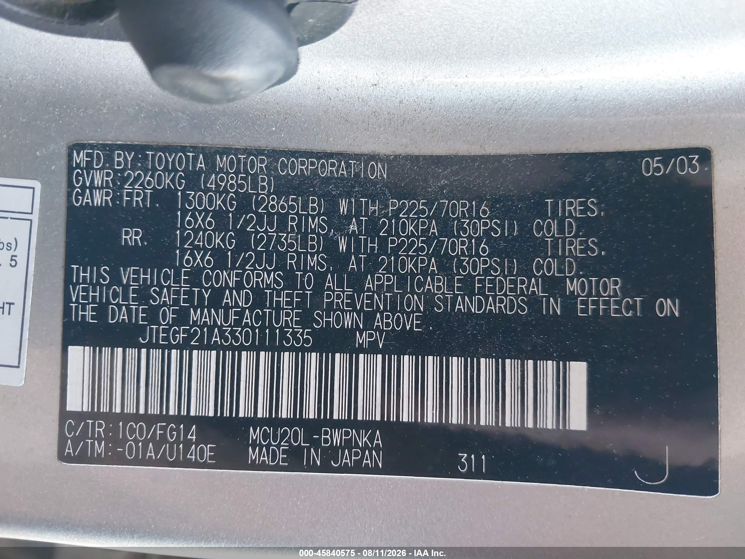 2003 Toyota Highlander V6 Gray vin: JTEGF21A330111335