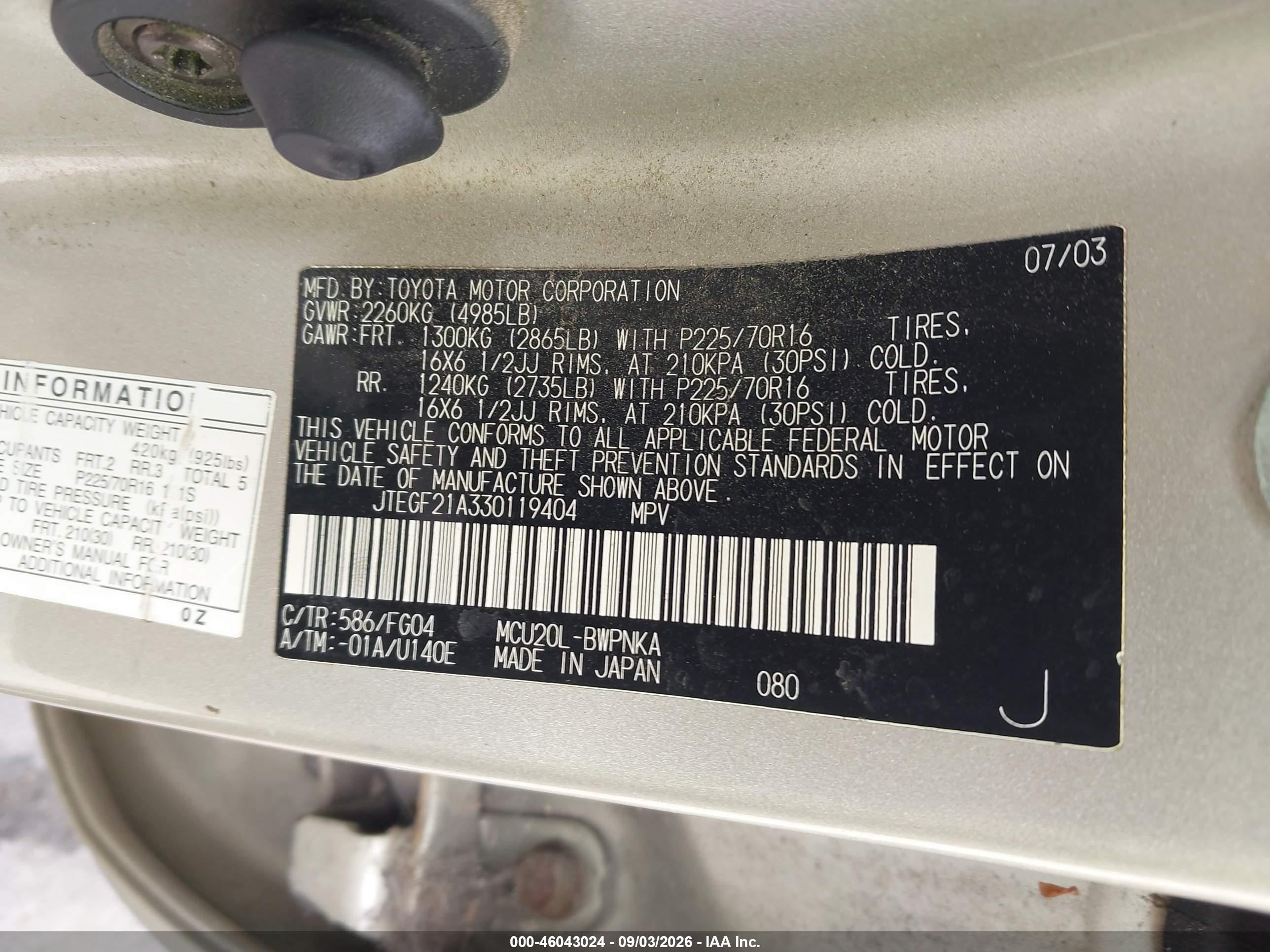 2003 Toyota Highlander V6 Gray vin: JTEGF21A330119404
