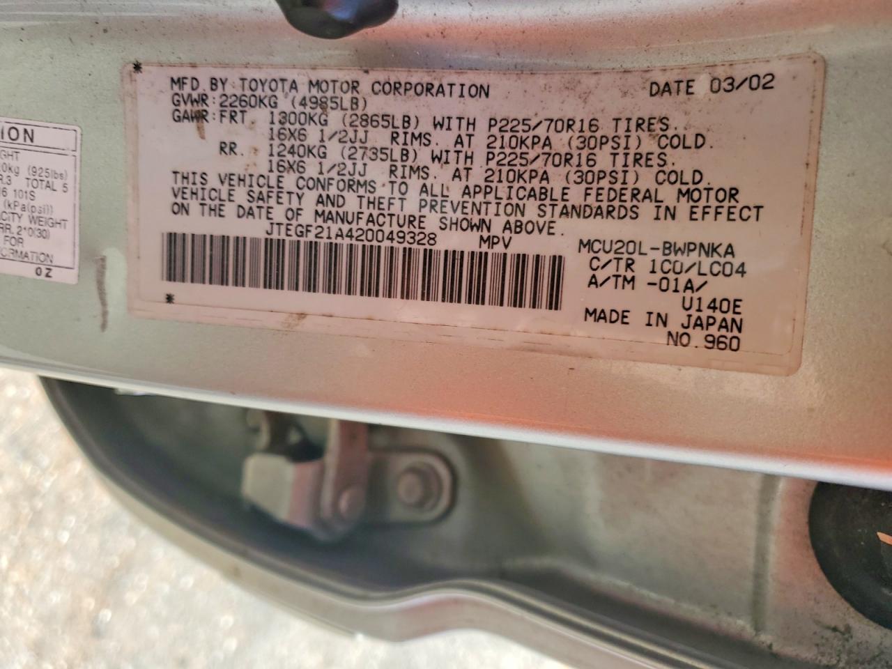 2002 Toyota Highlander Limited Silver vin: JTEGF21A420049328