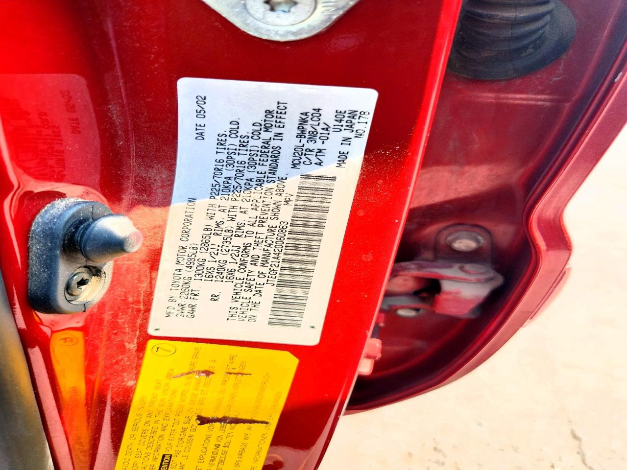 2002 Toyota Highlander Limited Red vin: JTEGF21A420060863