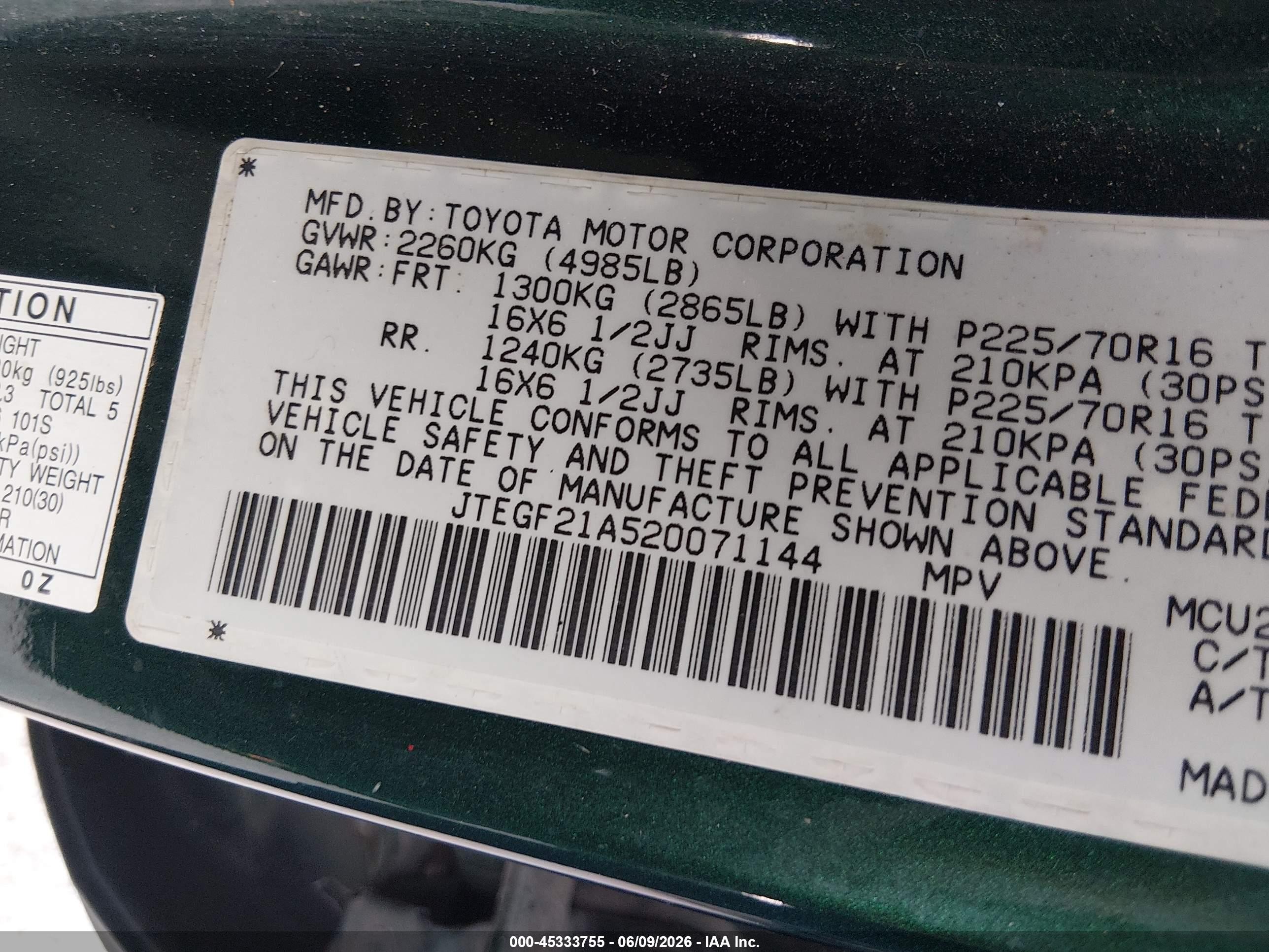2002 Toyota Highlander V6 Green vin: JTEGF21A520071144