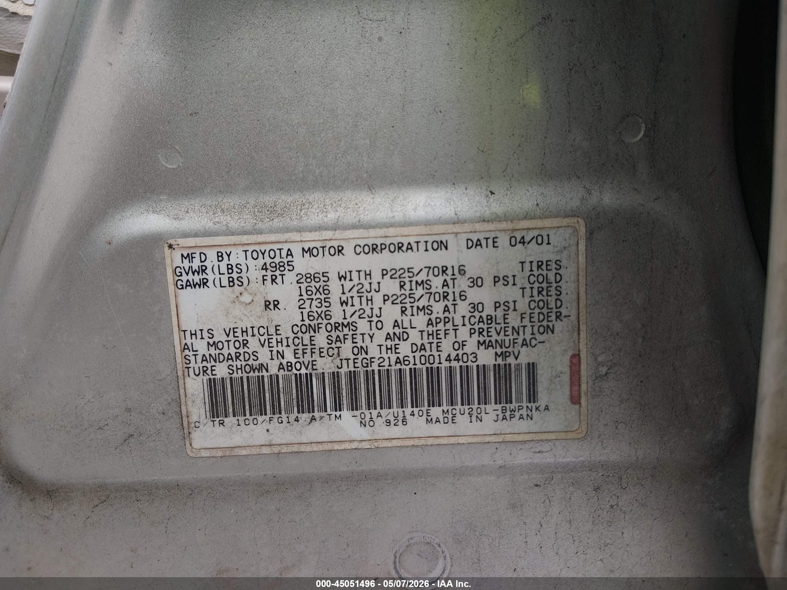 2001 Toyota Highlander V6 Серебряный vin: JTEGF21A610014403