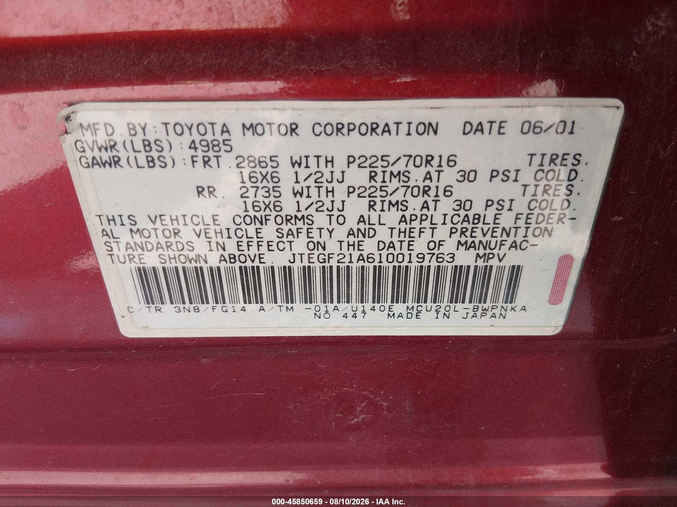 2001 Toyota Highlander V6 Burgundy vin: JTEGF21A610019763