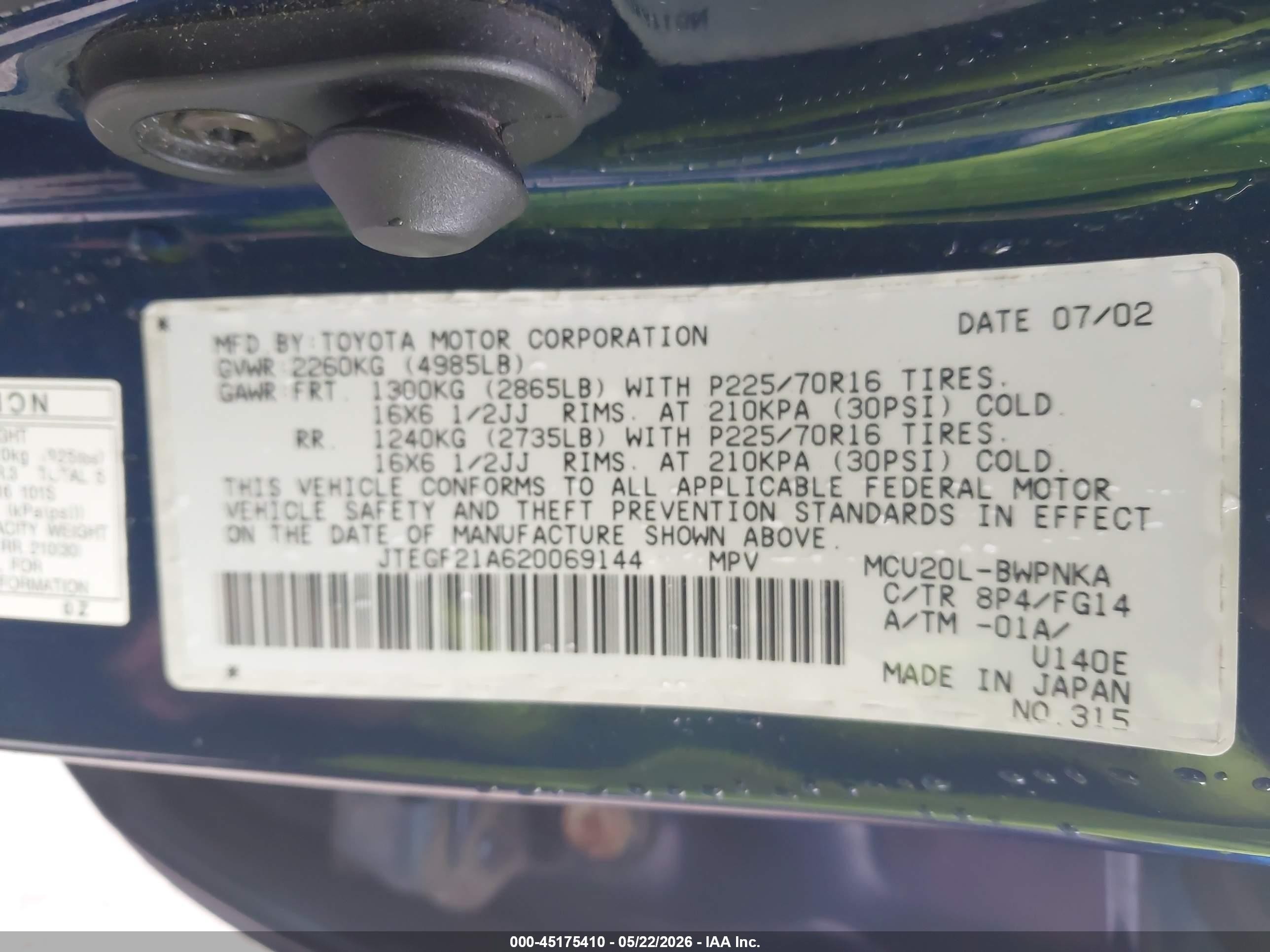 2002 Toyota Highlander V6 Blue vin: JTEGF21A620069144