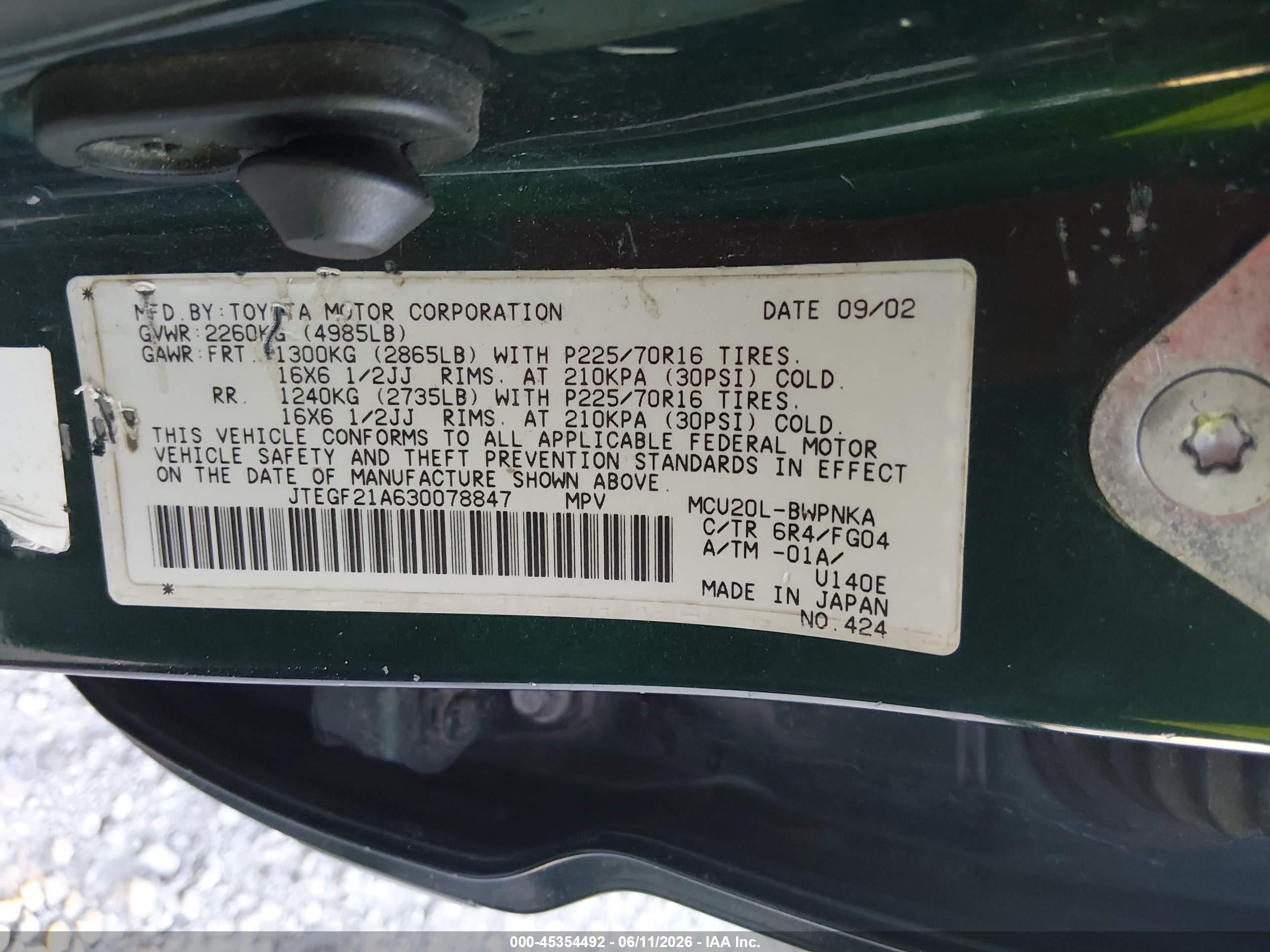 2003 Toyota Highlander V6 Green vin: JTEGF21A630078847