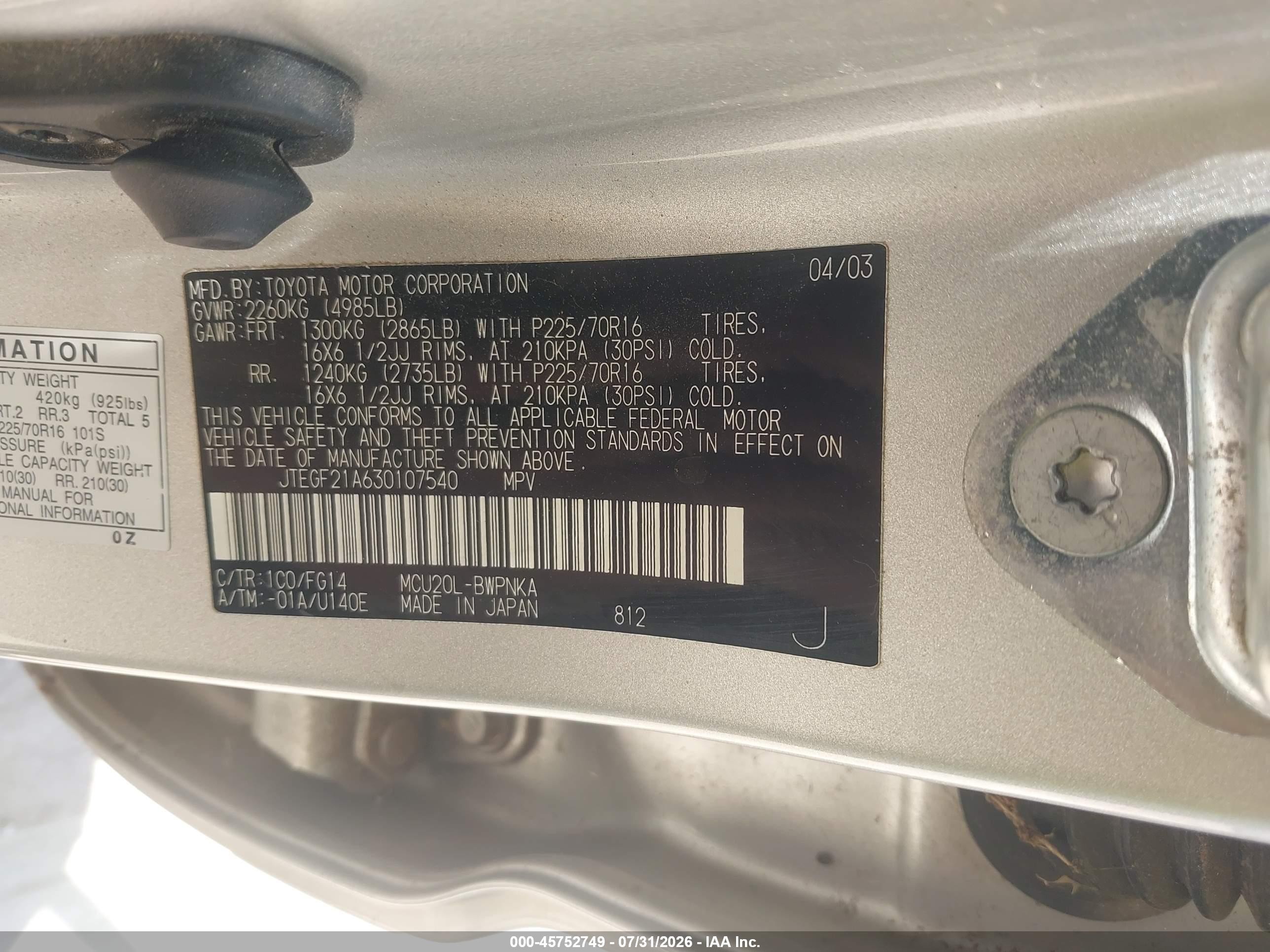 2003 Toyota Highlander V6 Silver vin: JTEGF21A630107540
