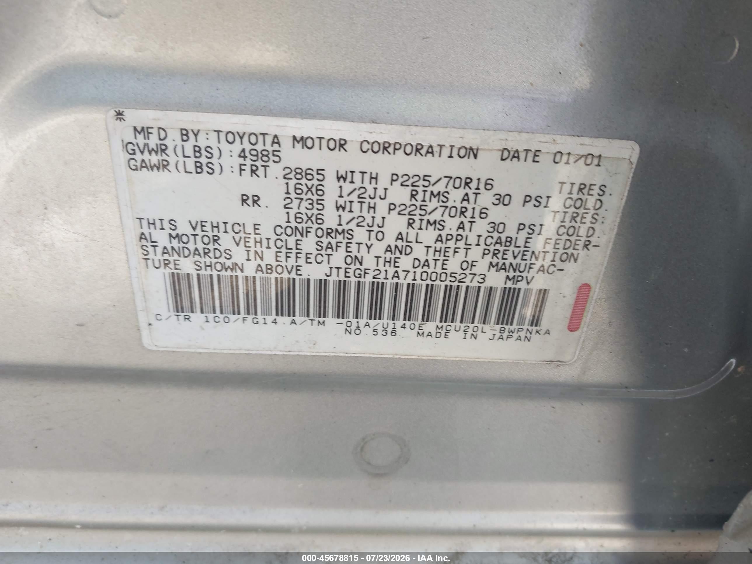 2001 Toyota Highlander V6 Серебряный vin: JTEGF21A710005273