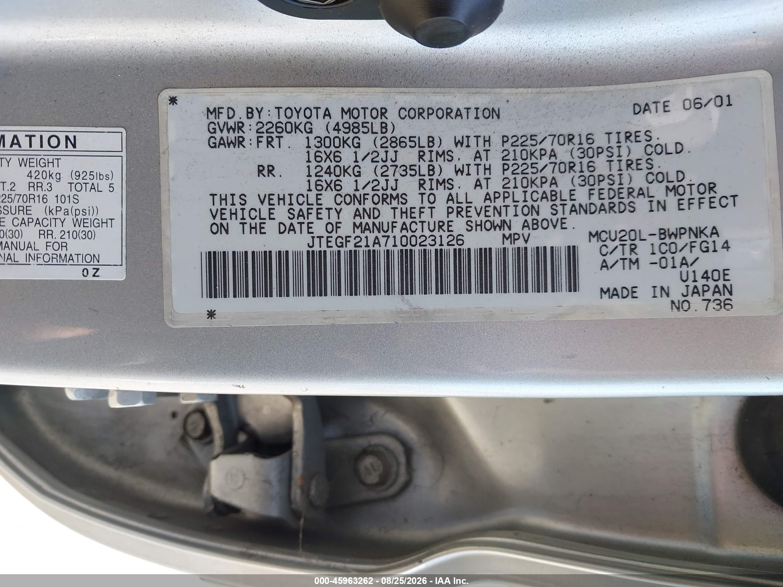 2001 Toyota Highlander V6 Silver vin: JTEGF21A710023126