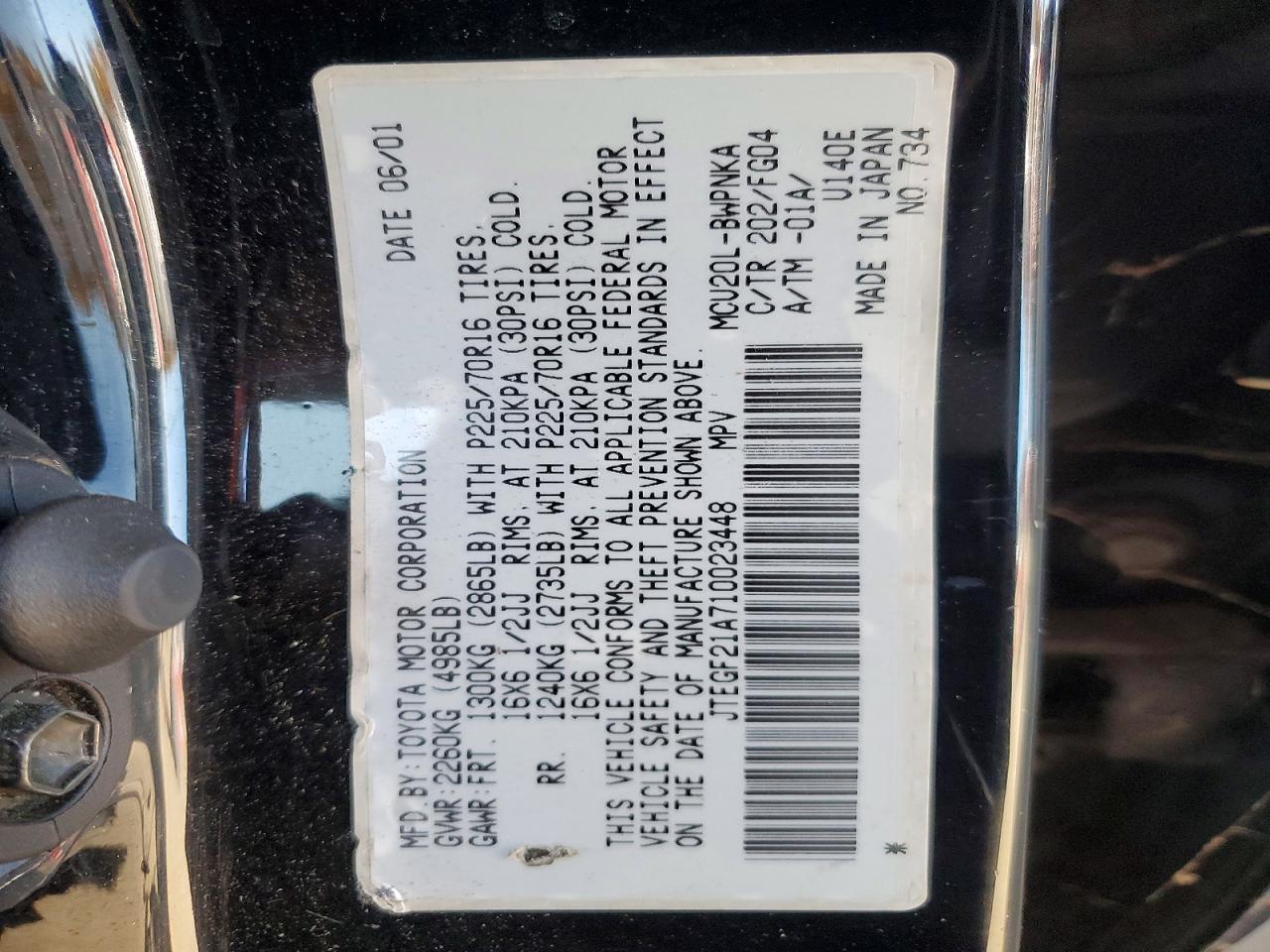 2001 Toyota Highlander Base Black vin: JTEGF21A710023448