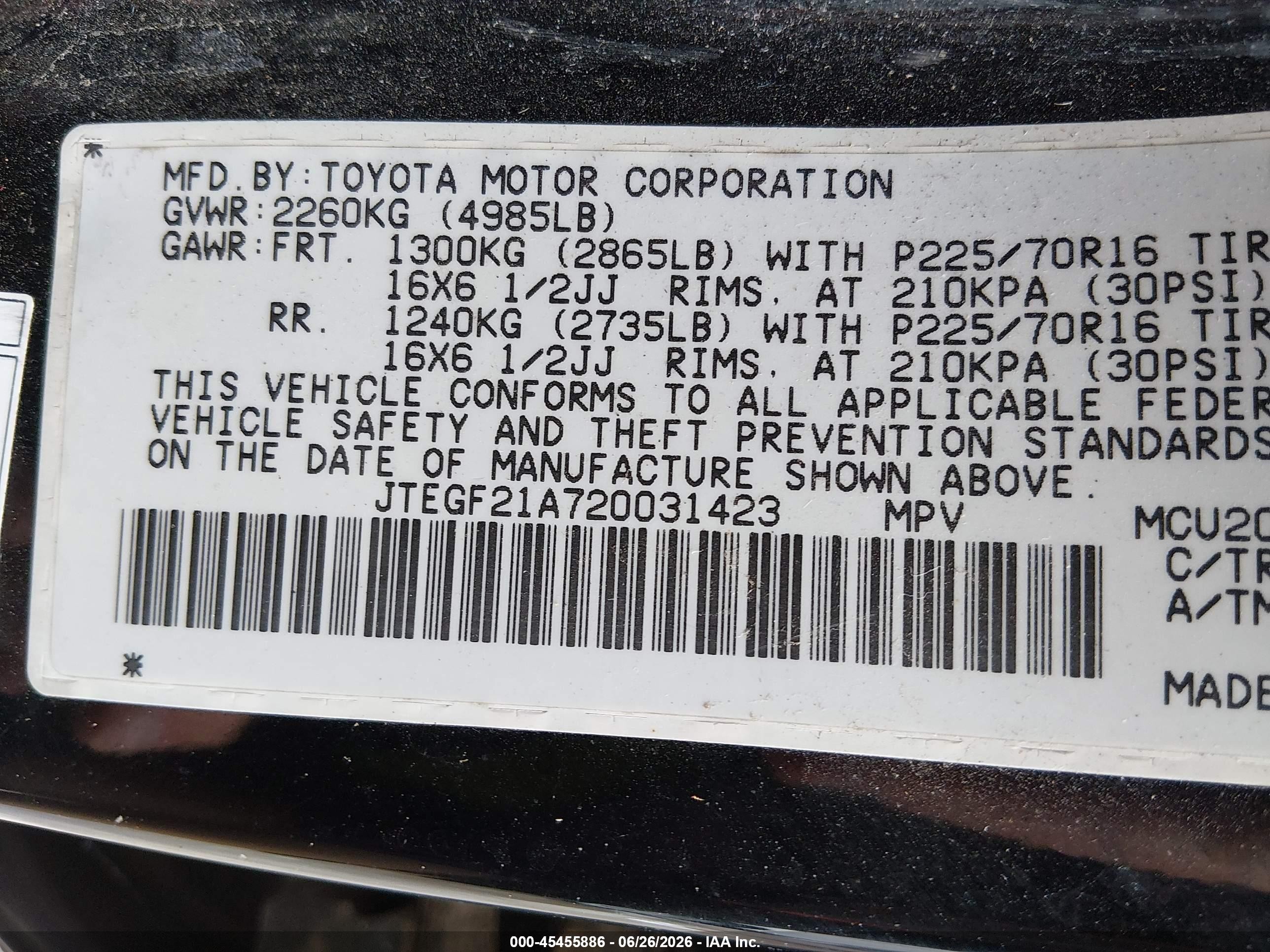2002 Toyota Highlander V6 Black vin: JTEGF21A720031423