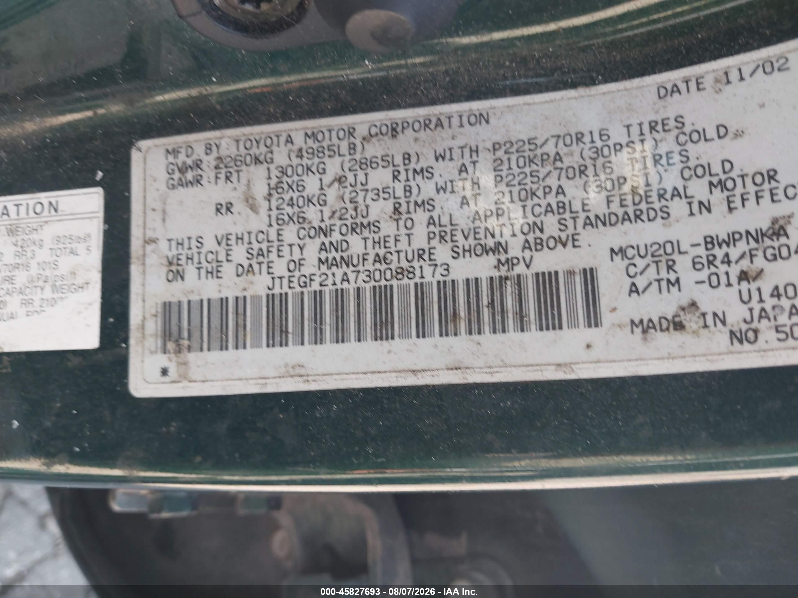 2003 Toyota Highlander V6 Green vin: JTEGF21A730088173
