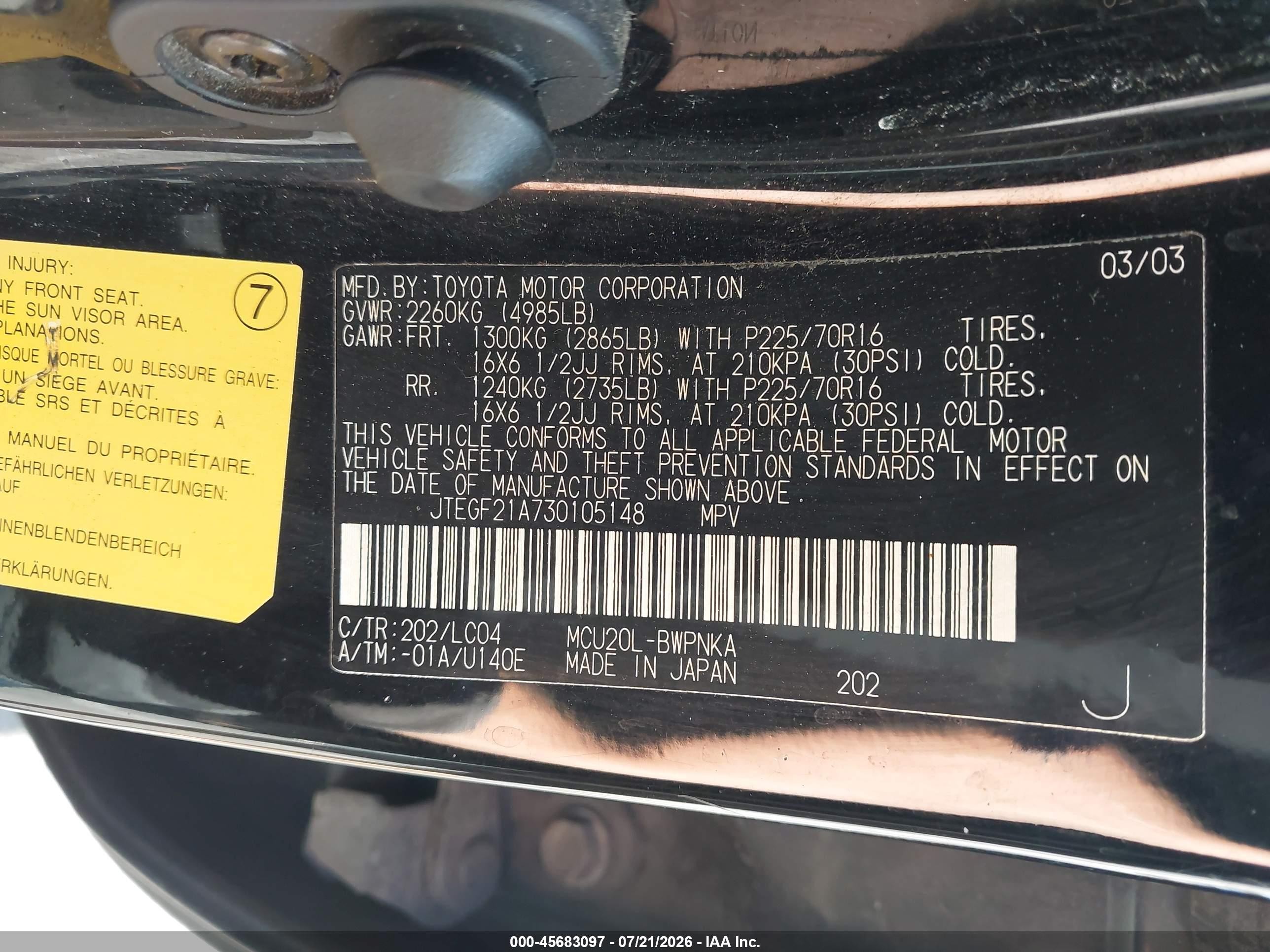 2003 Toyota Highlander Limited V6 Black vin: JTEGF21A730105148