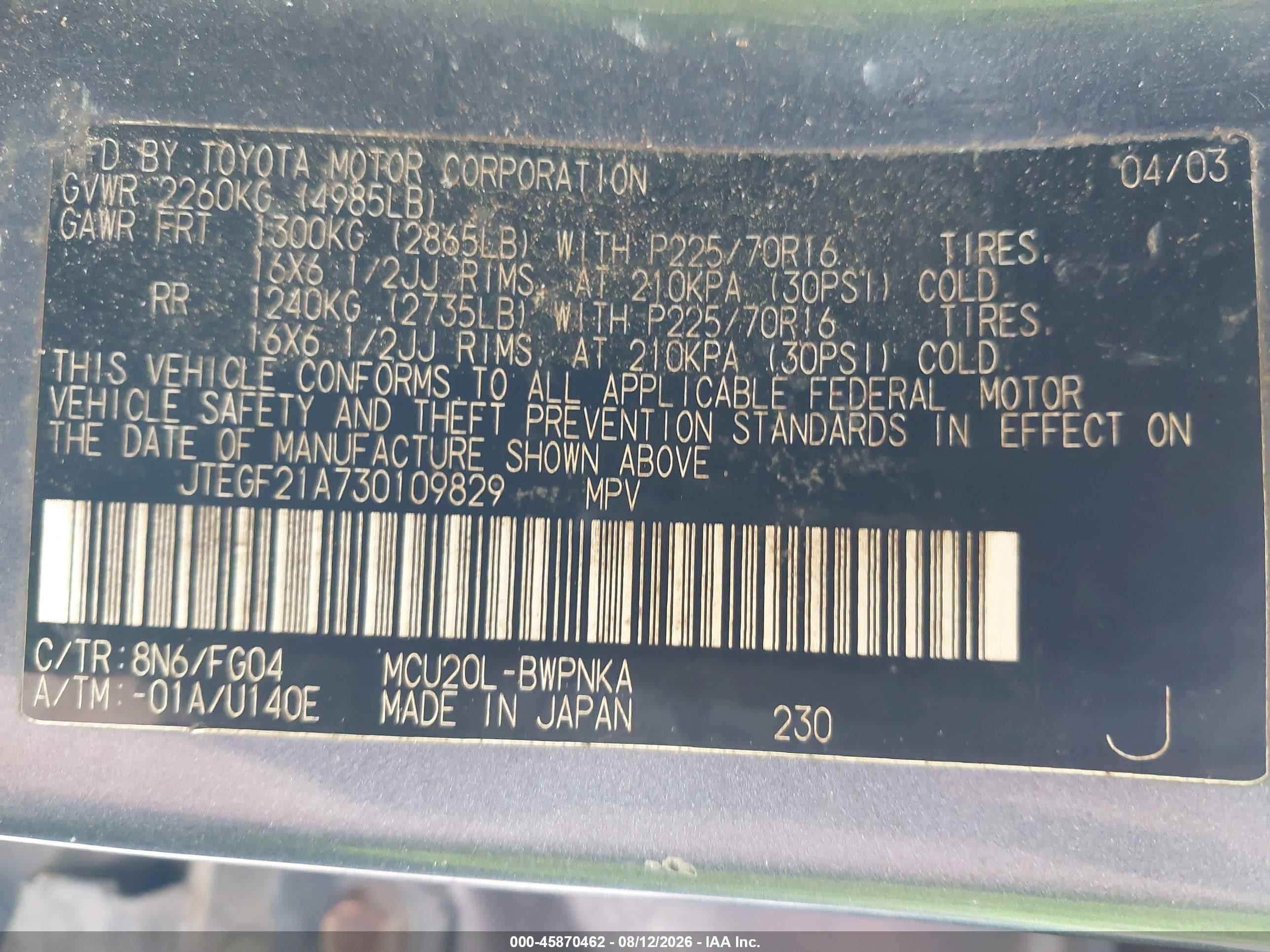 2003 Toyota Highlander V6 Blue vin: JTEGF21A730109829