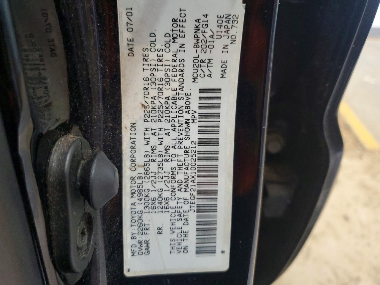 2001 Toyota Highlander Base Black vin: JTEGF21AX10025212