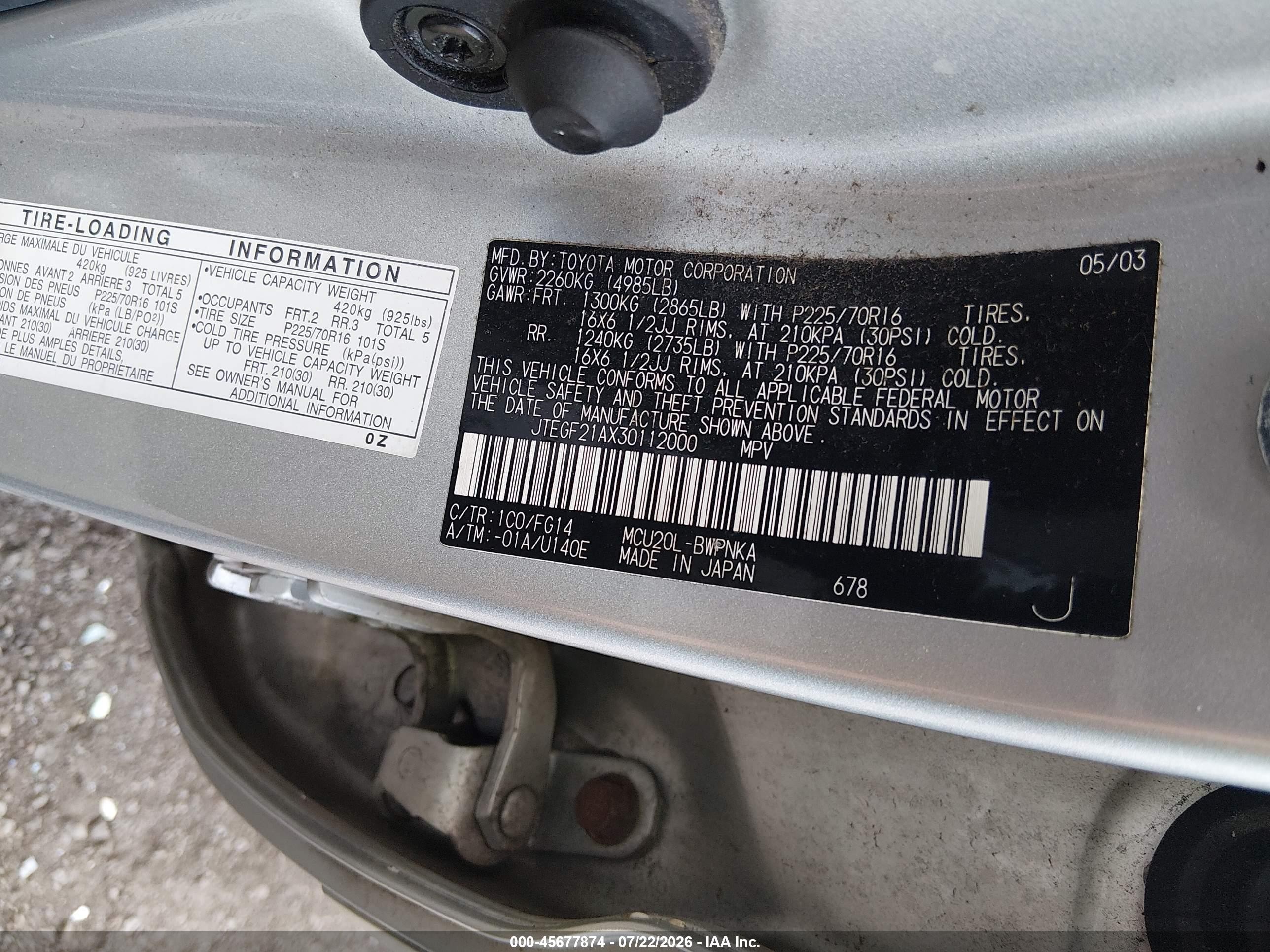 2003 Toyota Highlander V6 Silver vin: JTEGF21AX30112000